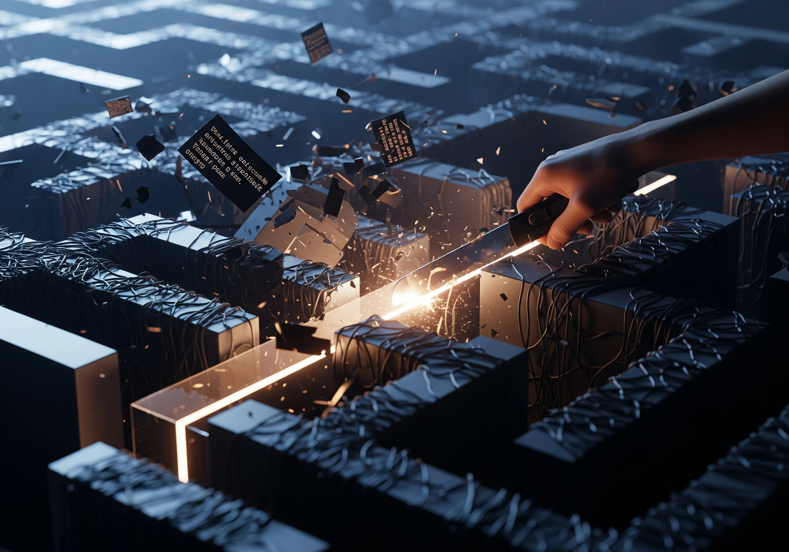 Hand cutting through a digital maze, representing challenges in Google search AEO and SEO.