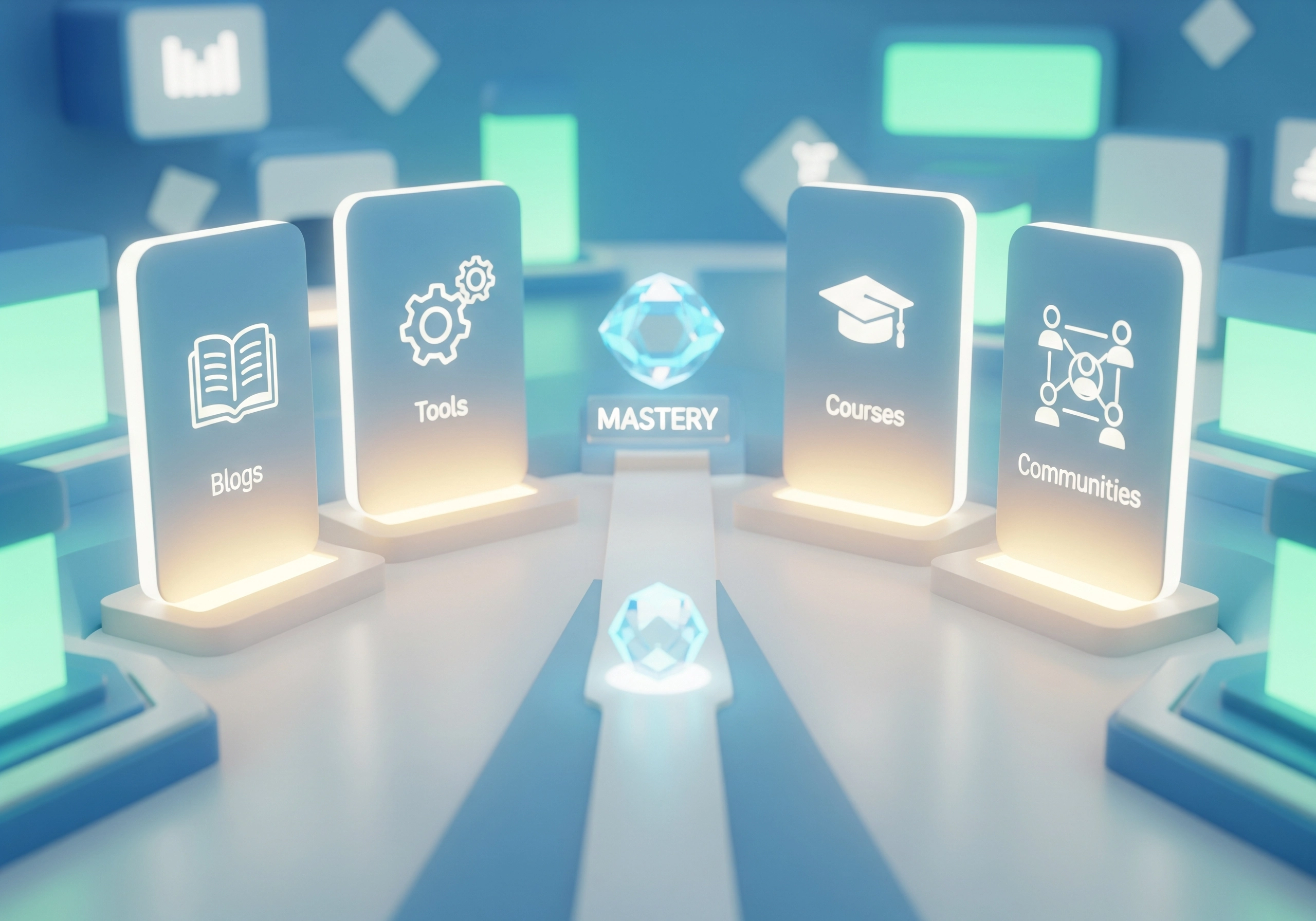 Digital display of SEO resources: blogs, tools, courses, and communities for Google AI Overview mastery.