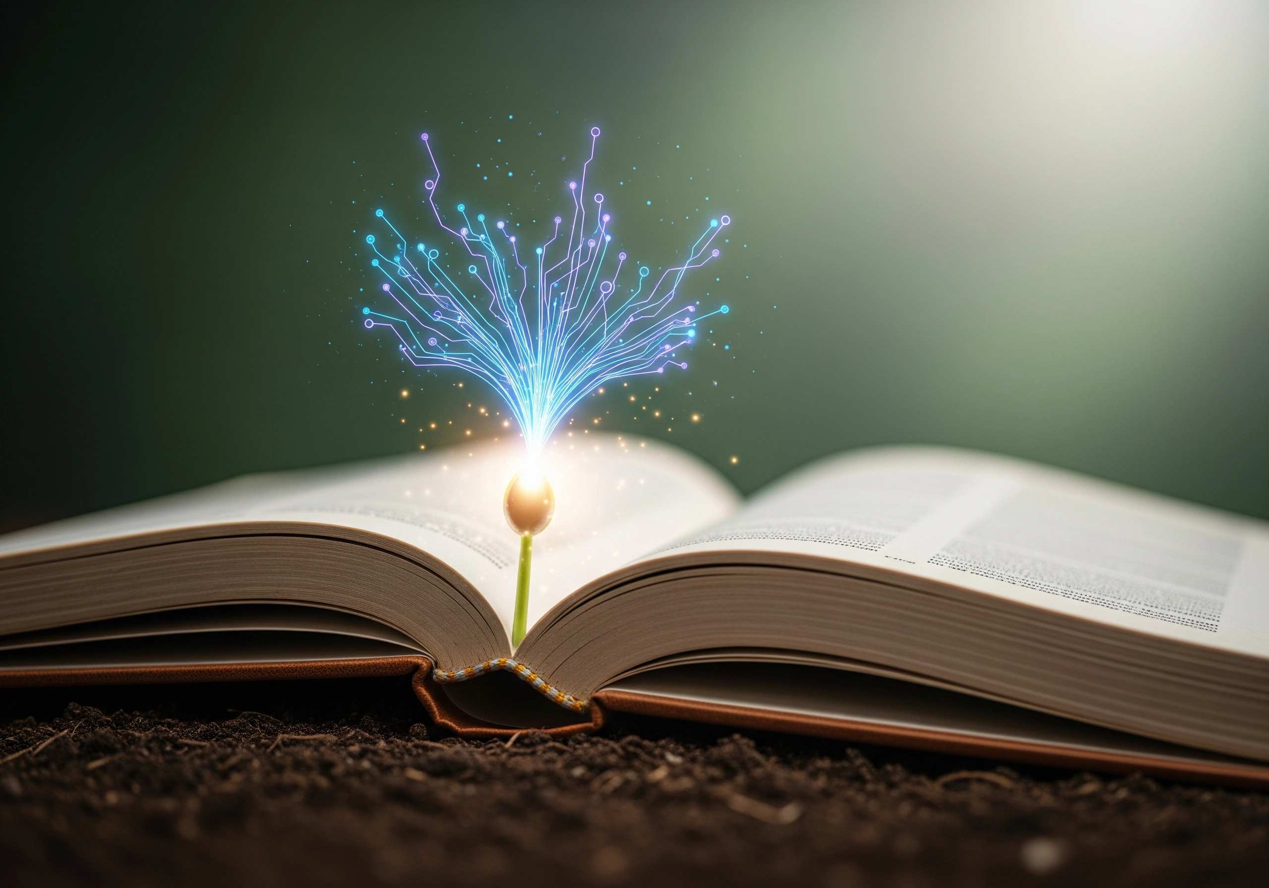 Open book with glowing sprout and digital network, symbolizing blog creation