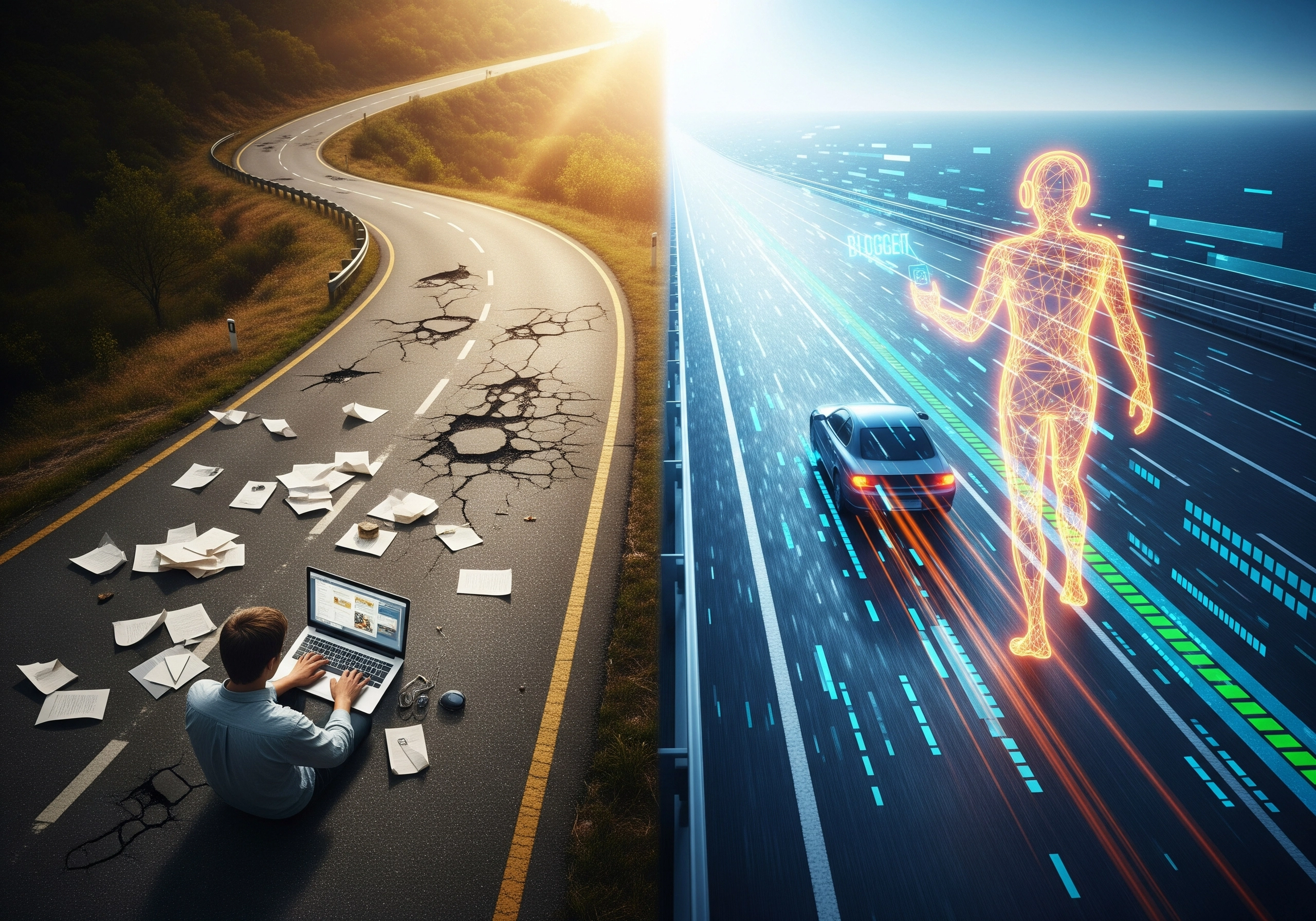 AI blogger vs traditional: person using laptop next to a digital figure