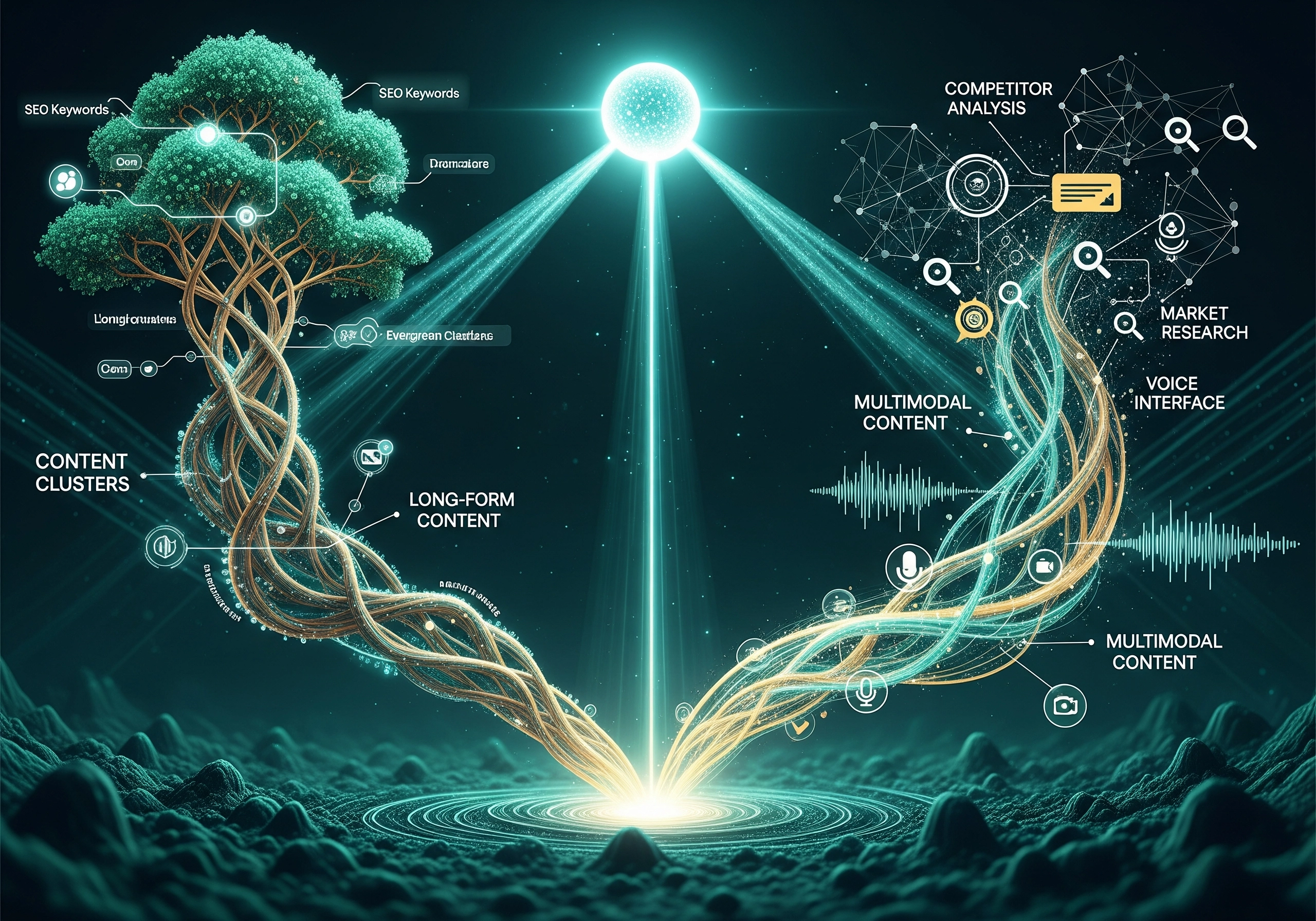 AI blog generation concept art showing content clusters, SEO keywords, and competitor analysis.