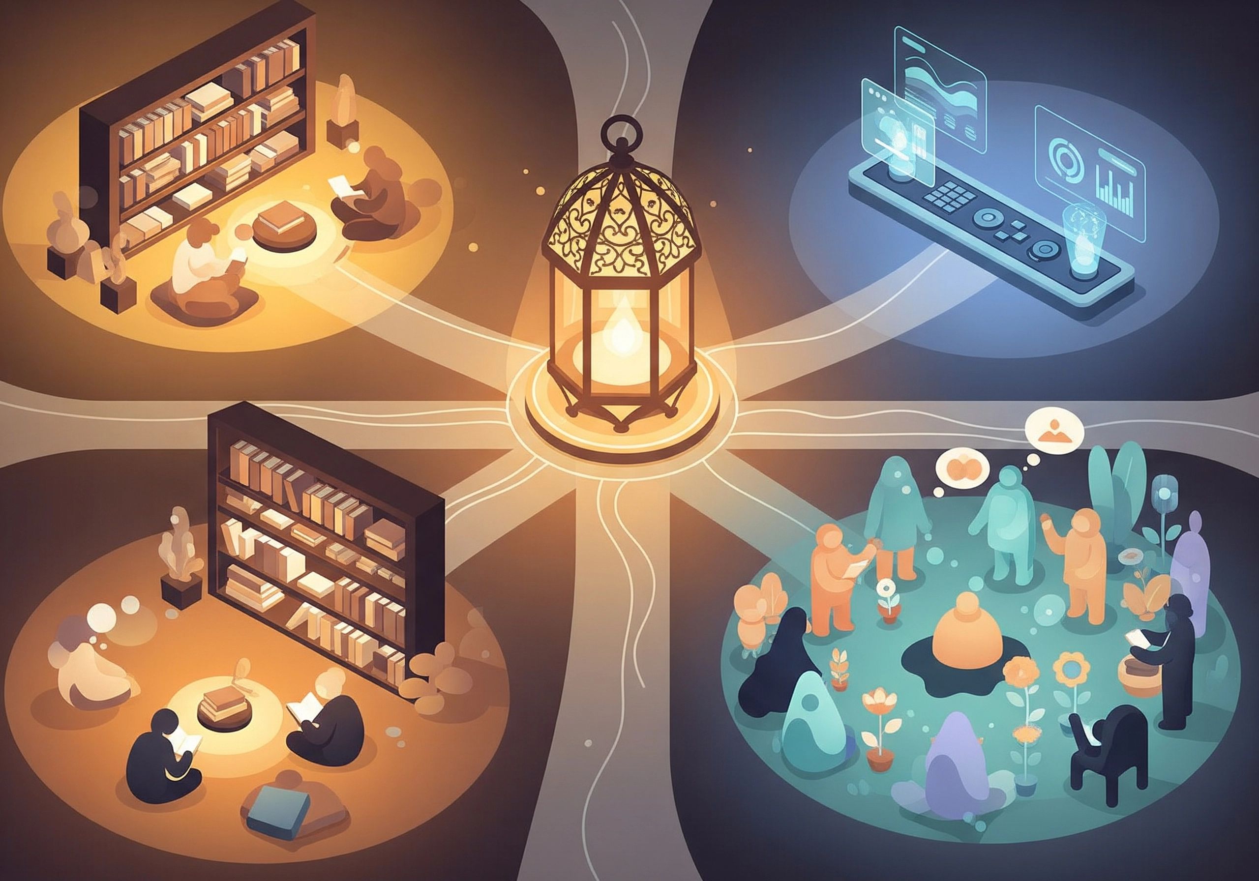 Four stylized vignettes: reading, data analysis, community, and remote control interface.