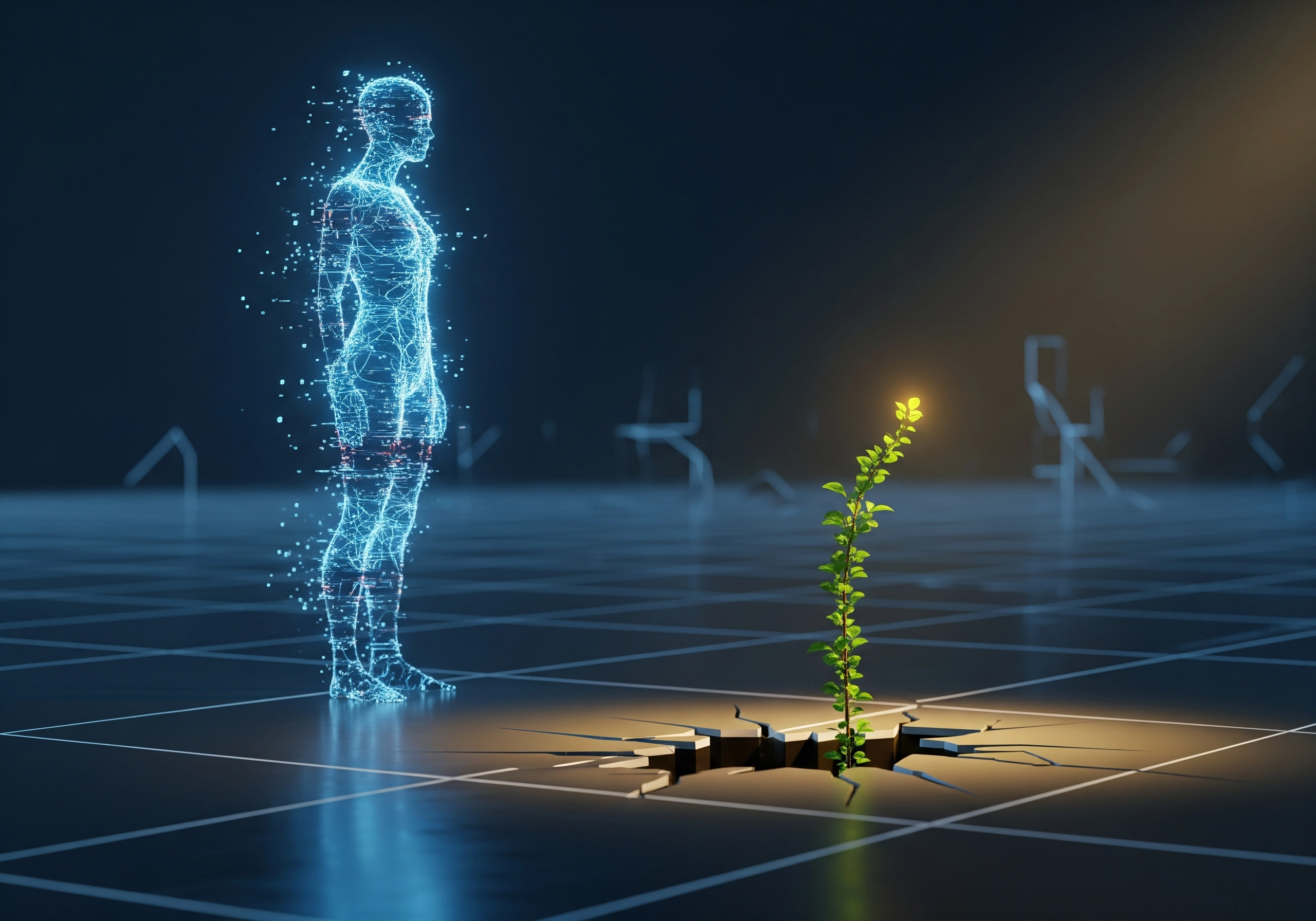 Digital human figure watching plant sprout, symbolizing how to humanize AI writing.