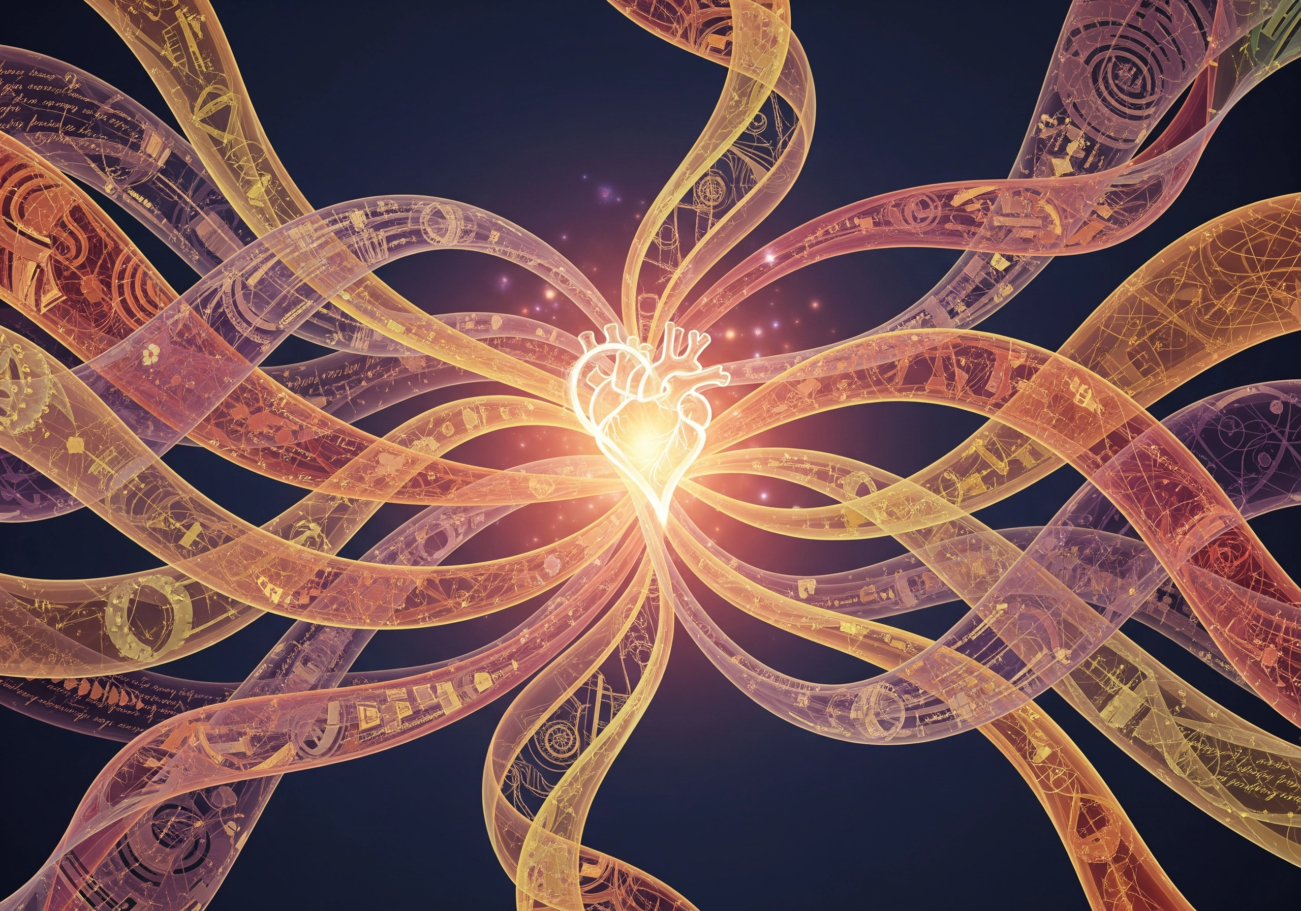 Abstract heart surrounded by golden patterns and script on dark background.