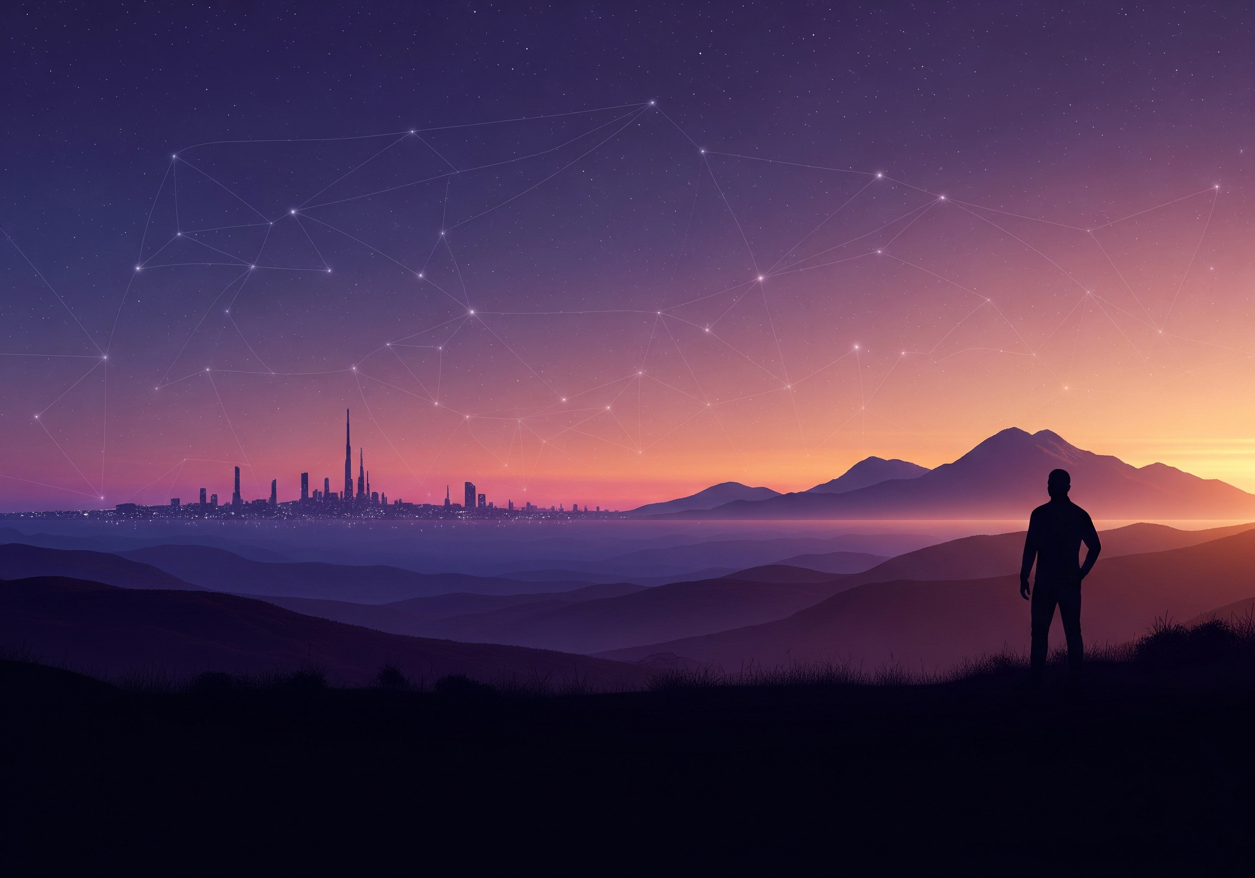 Silhouette of person overlooking city skyline with network connection overlay.