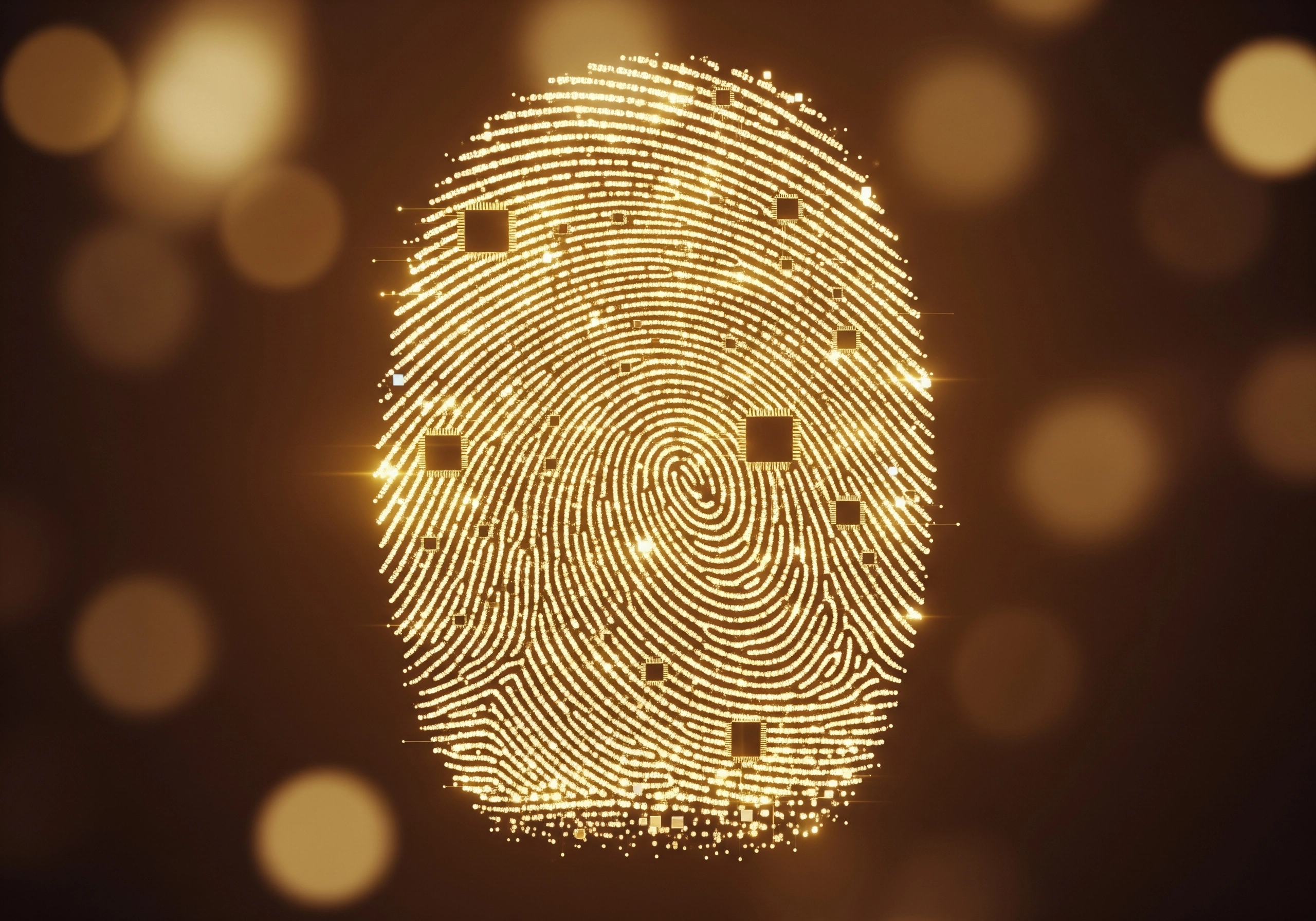 Golden fingerprint with circuit details, symbolizing authentic AI content and digital identity.