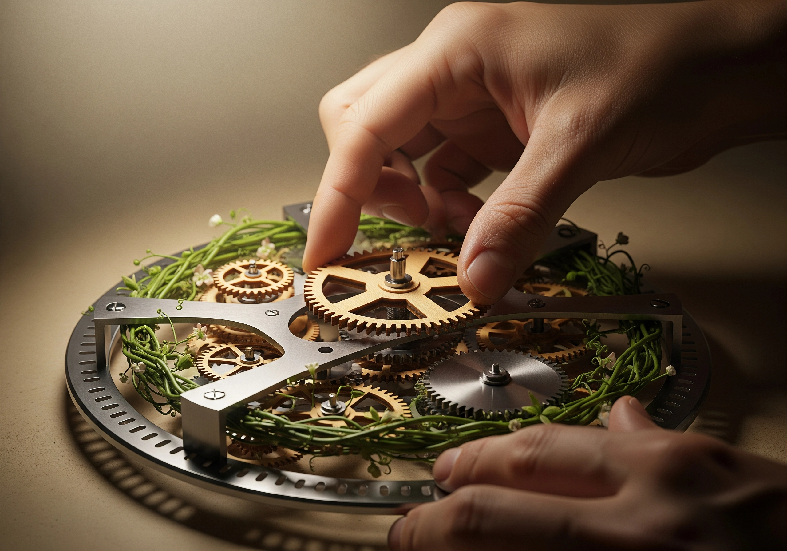 Hands placing a cog into a complex gear mechanism, symbolizing authentic AI content.