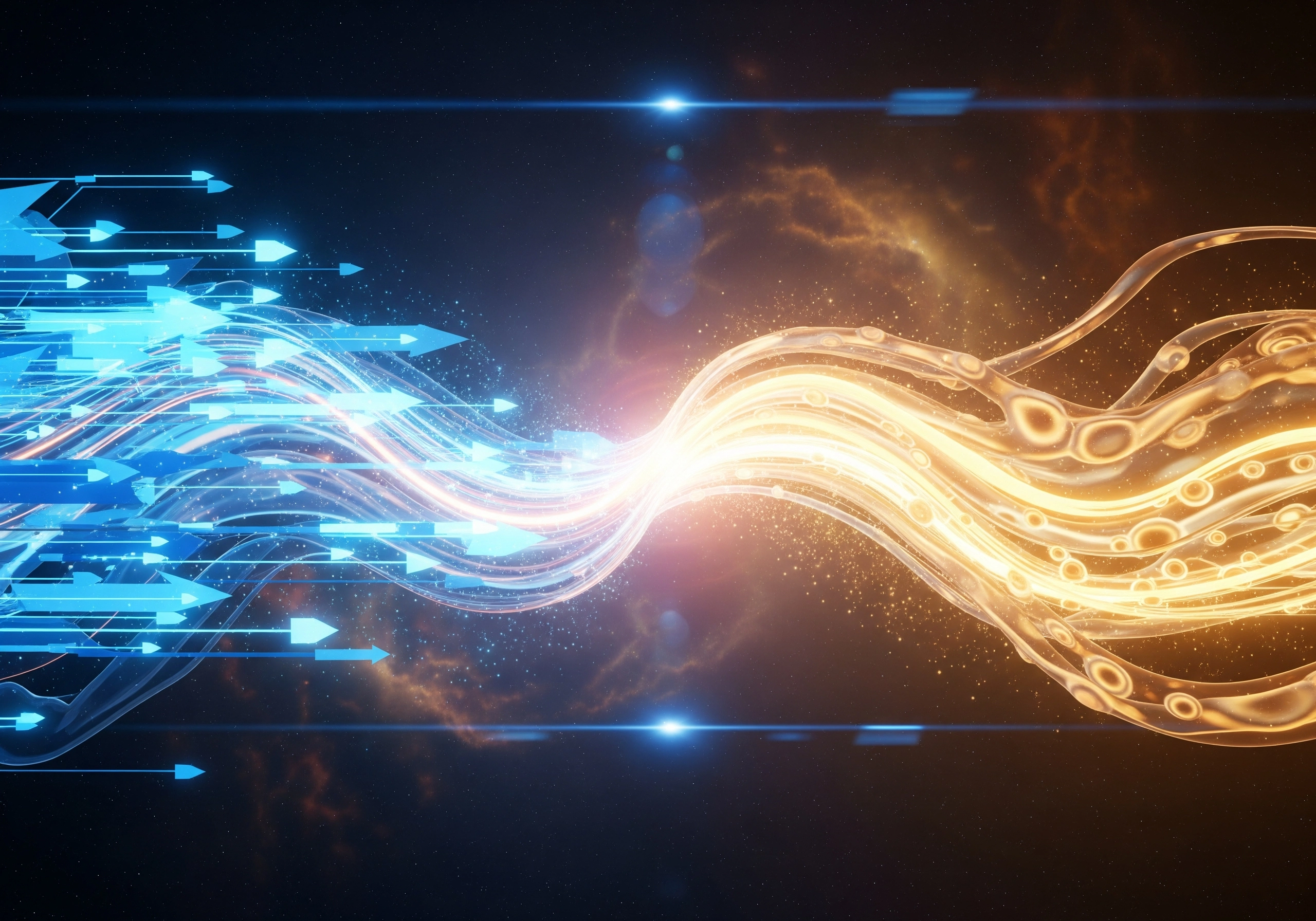 Abstract blue and orange energy streams converging, representing AI humanizer transformation.