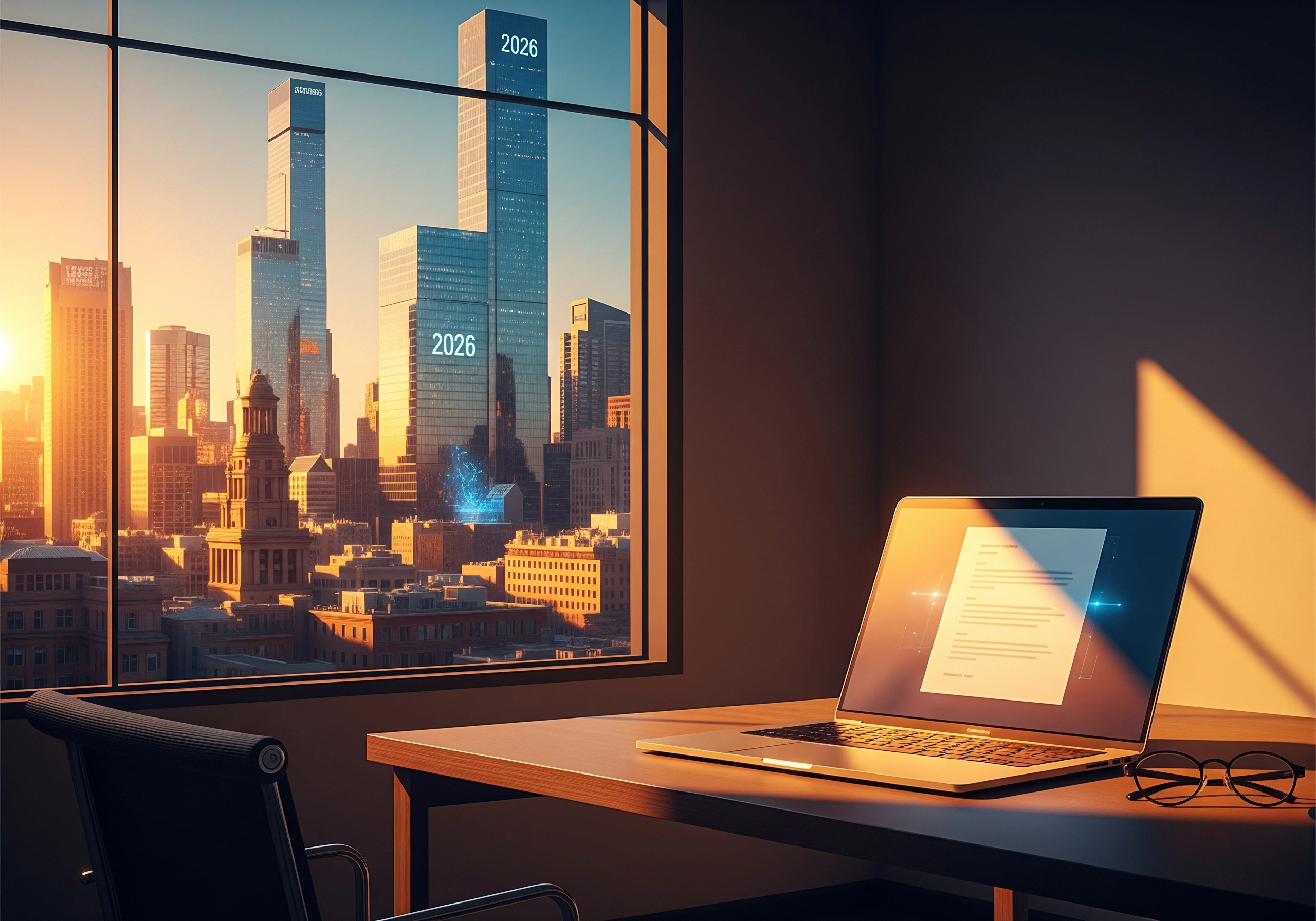 Laptop on desk with 2026 skyline view, representing the future of AI blog writers.