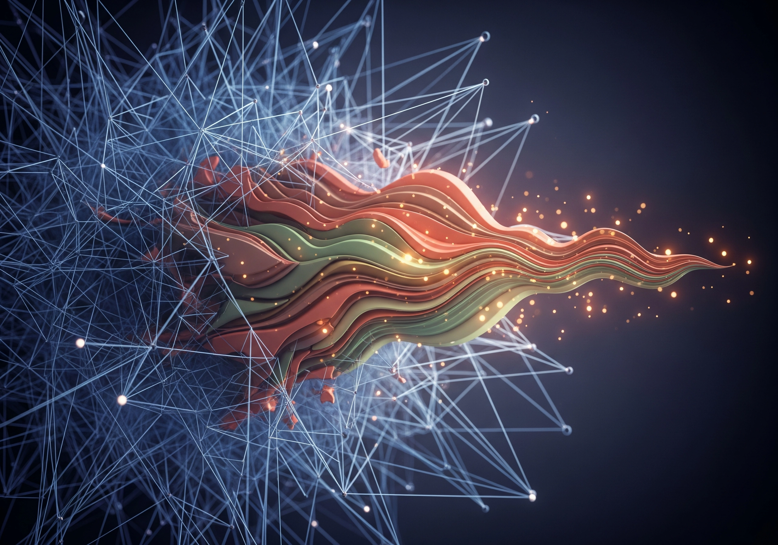 Abstract network of lines and shapes with glowing particles, a modern tech design.
