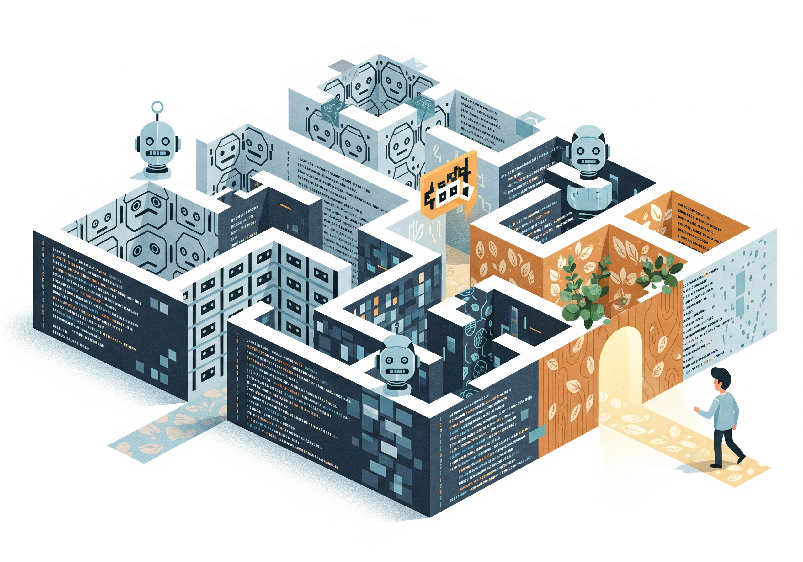 Isometric view of a person entering an AI content maze with robots.