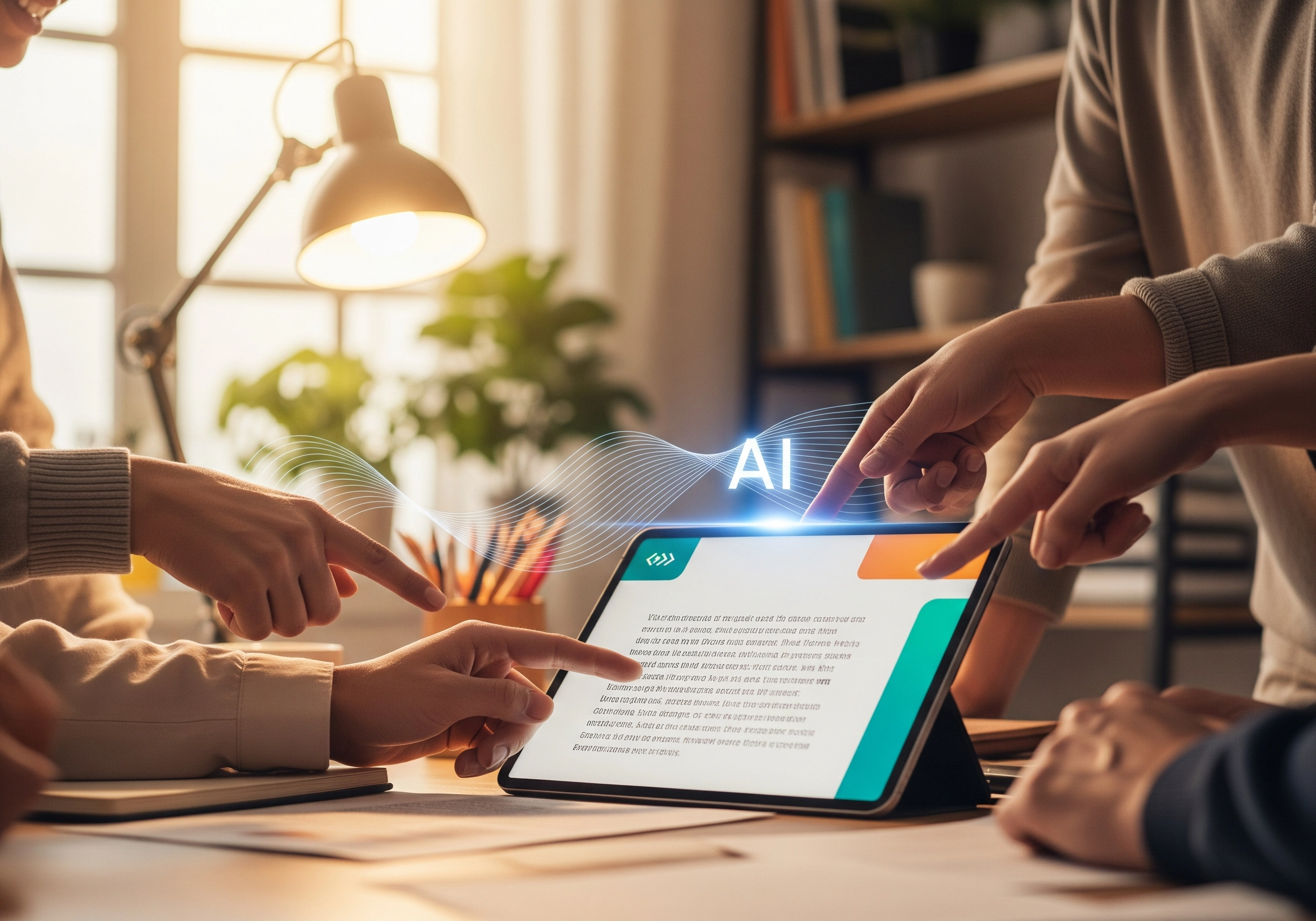 Hands interacting with AI content on a tablet during content humanization.