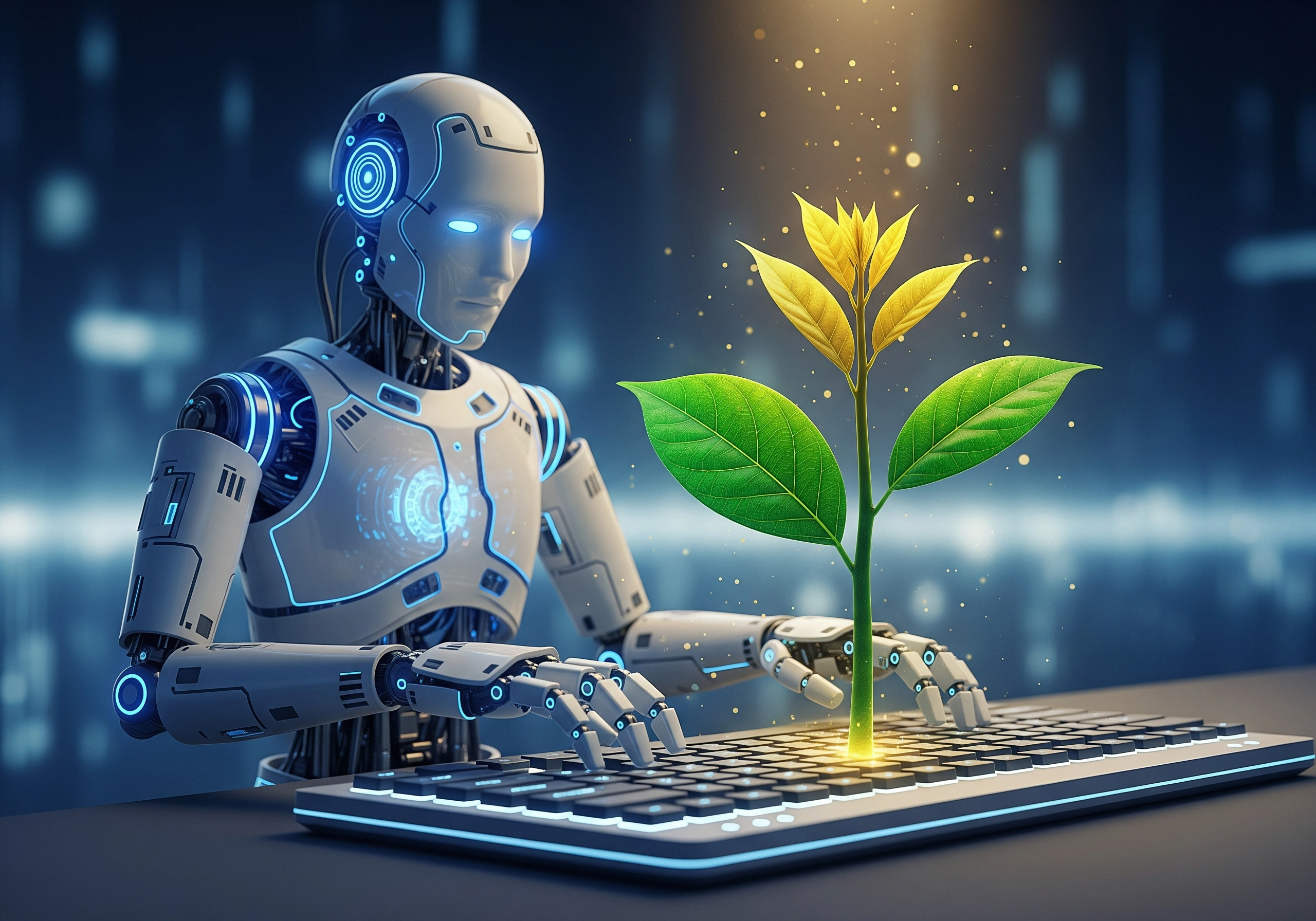 Robot typing on keyboard with growing plant, representing natural language processing.