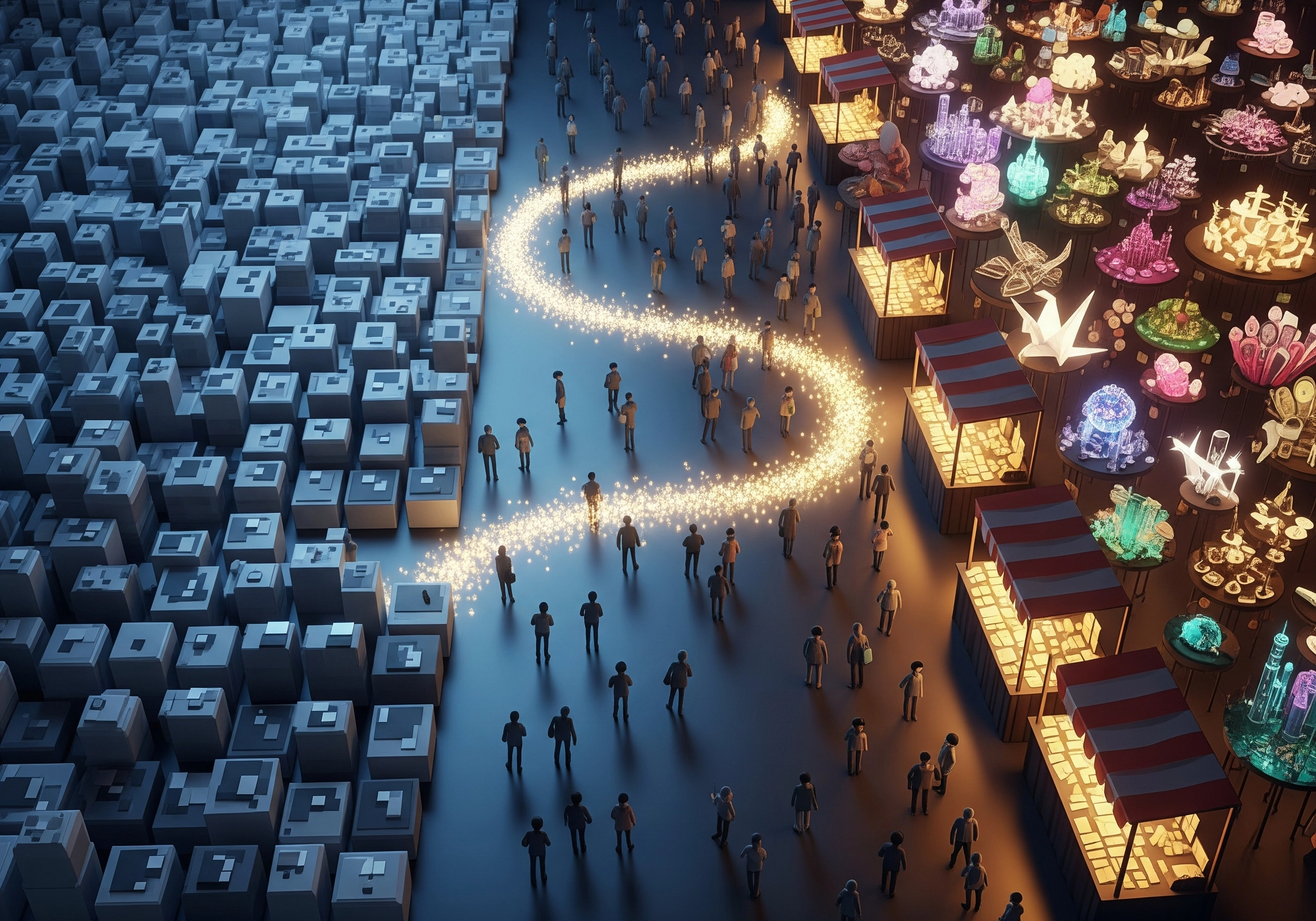 Abstract view of people moving from cold to warm marketplace with glowing lights.