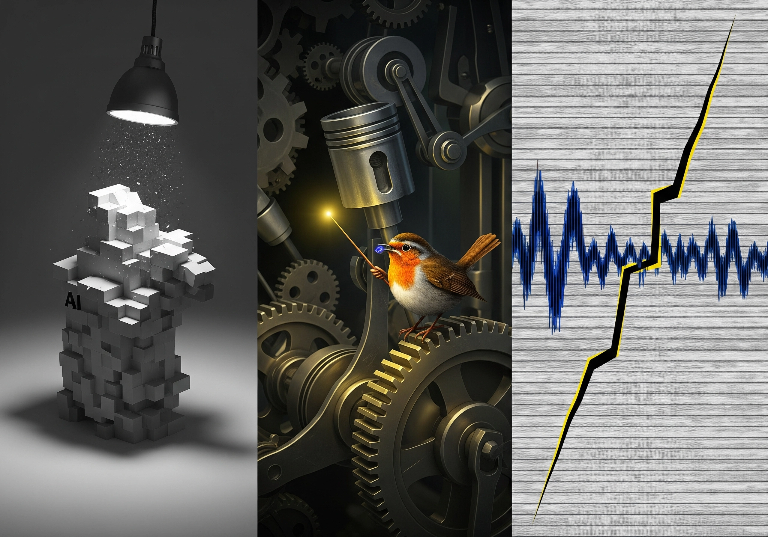 AI cube structure under spotlight, robin on gears, and audio waveform, depicting AI content authenticity.