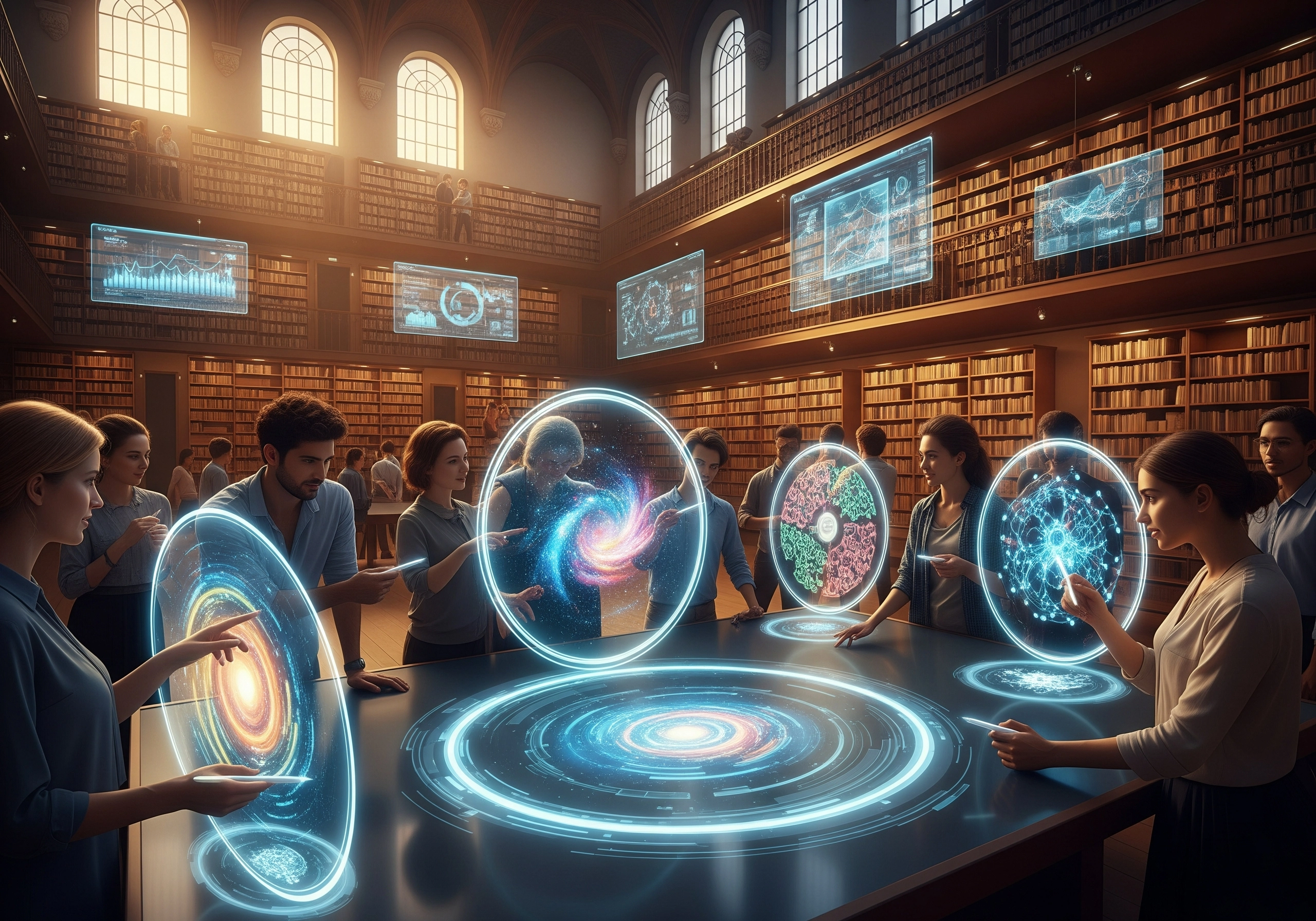 Futuristic library with people interacting with holographic displays showing data, visualizing AI learning.