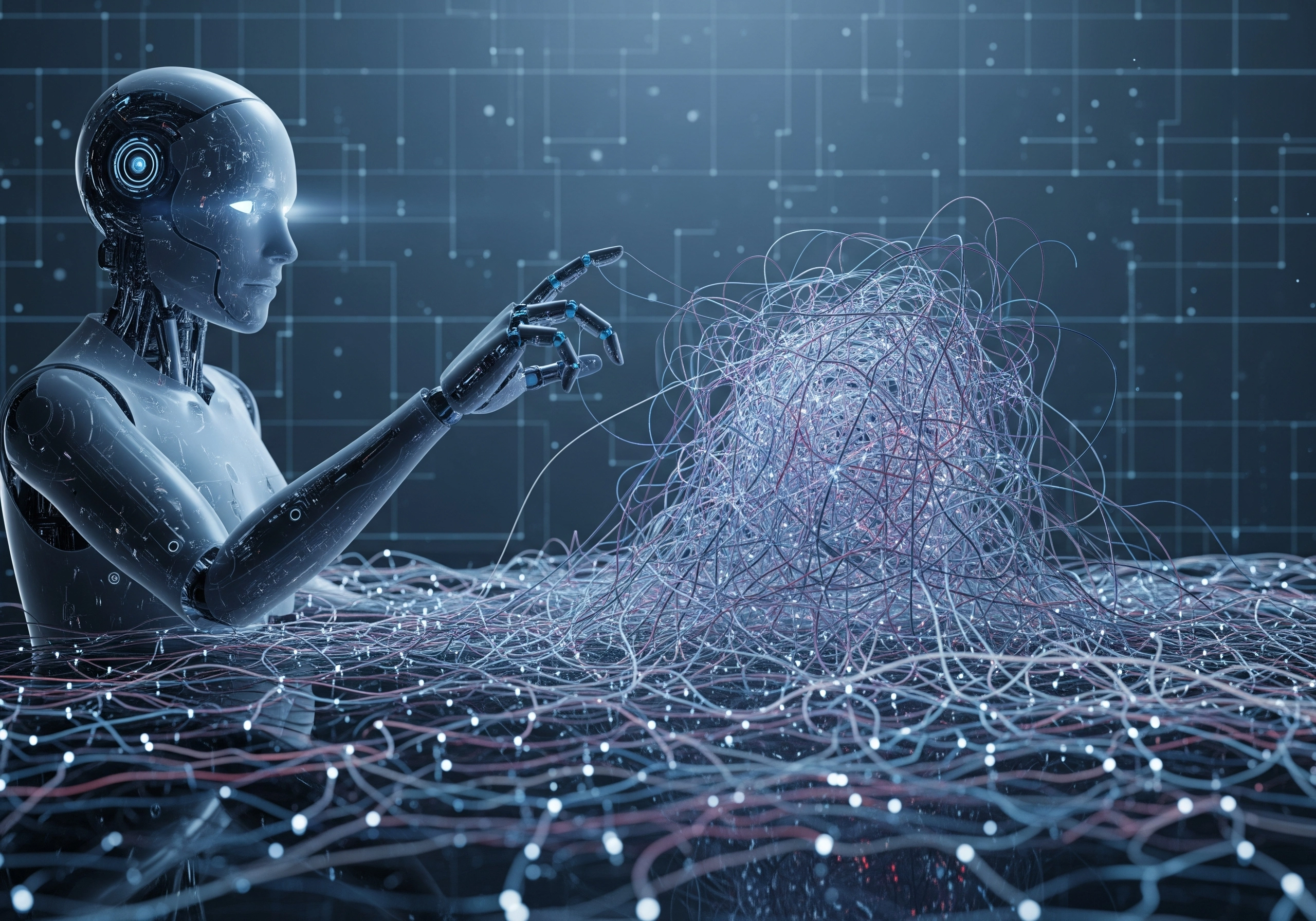 Robot's hand reaching towards a mass of tangled wires, AI concept.