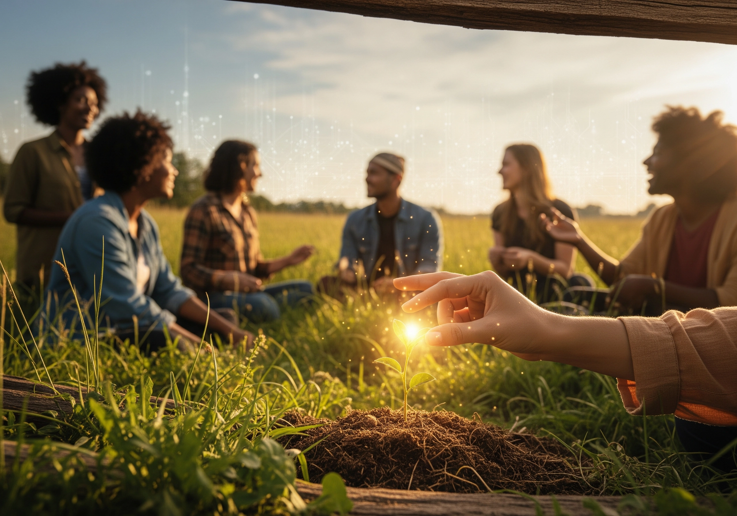 Diverse group watching a hand tending to a seedling in a field.