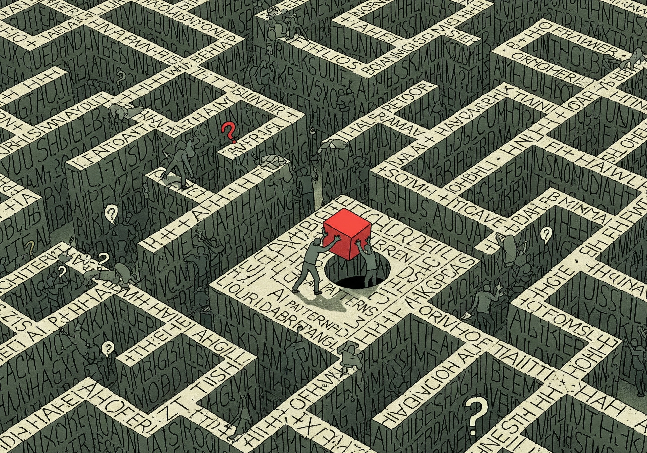 Maze illustration with people, questions, and a red cube, representing complex content.