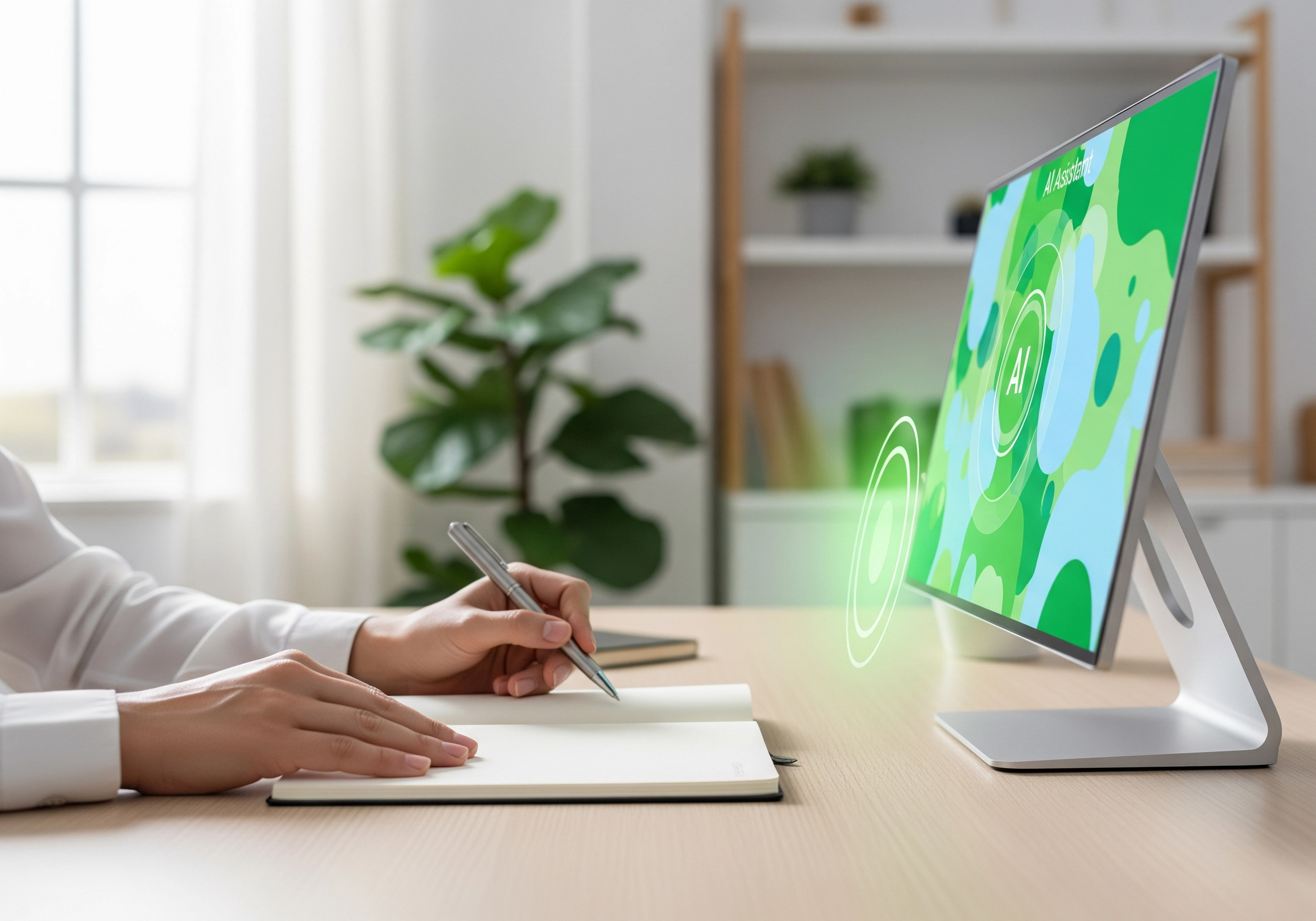 Person writing in notebook next to computer with AI assistant on screen.