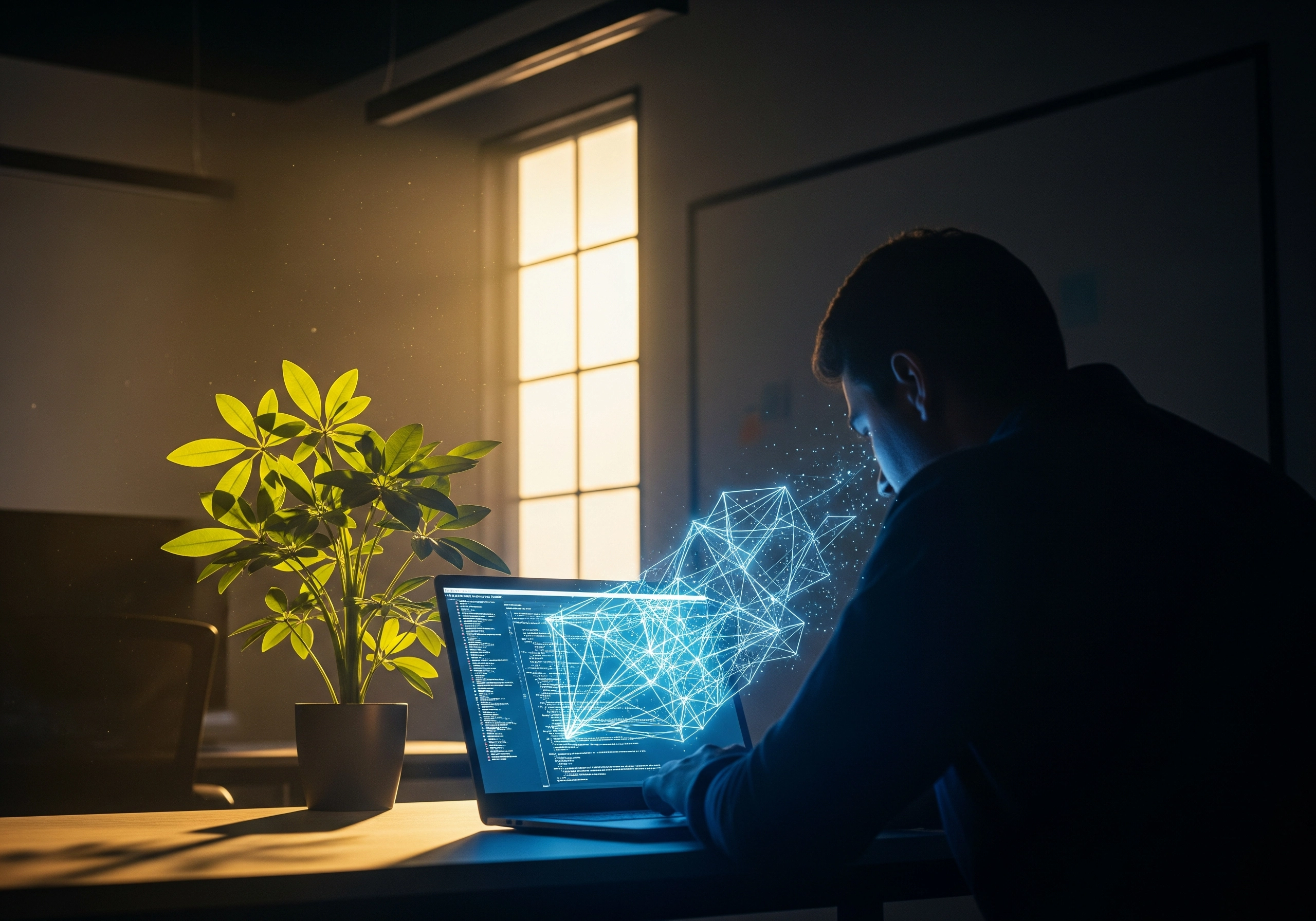 Man using laptop with glowing AI interface, working to humanize content.