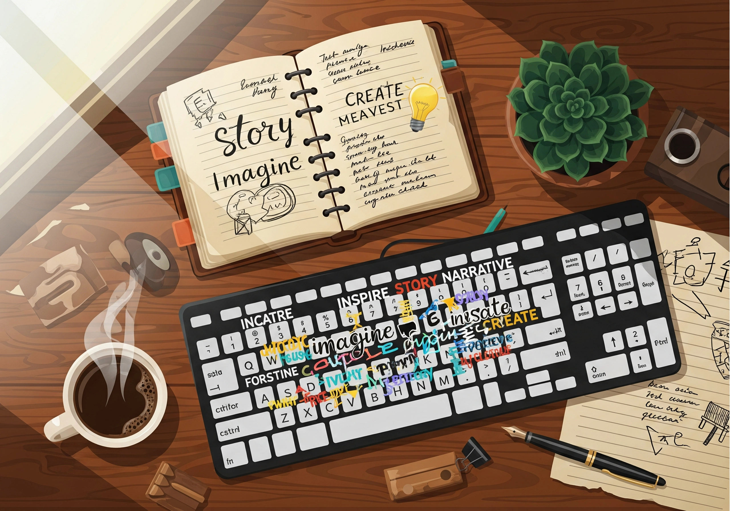 Desk with notebook, keyboard, and coffee. Inspire story narrative for AI blog writer.