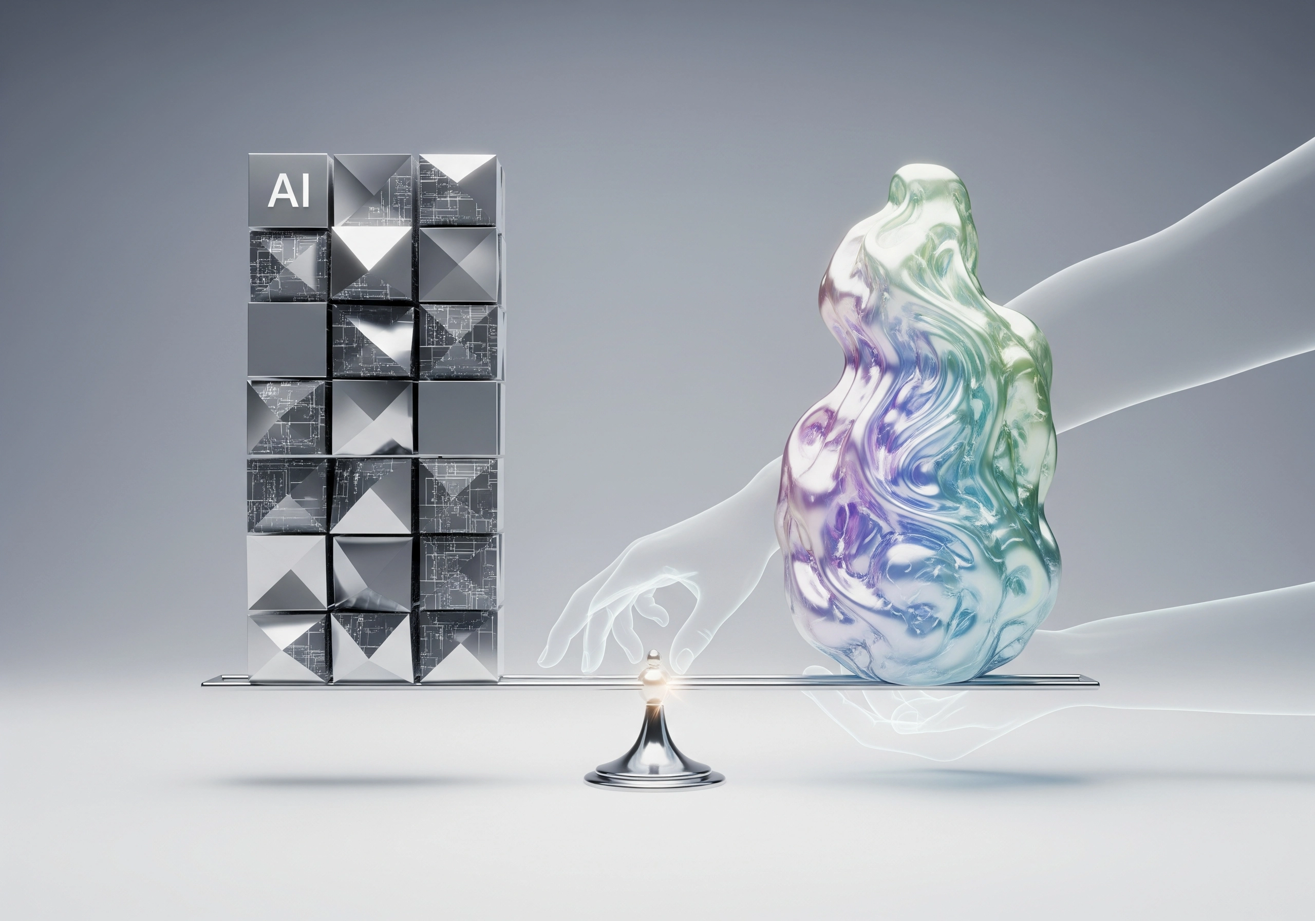 AI cubes balanced against a fluid form, visualizing how to humanize AI content.