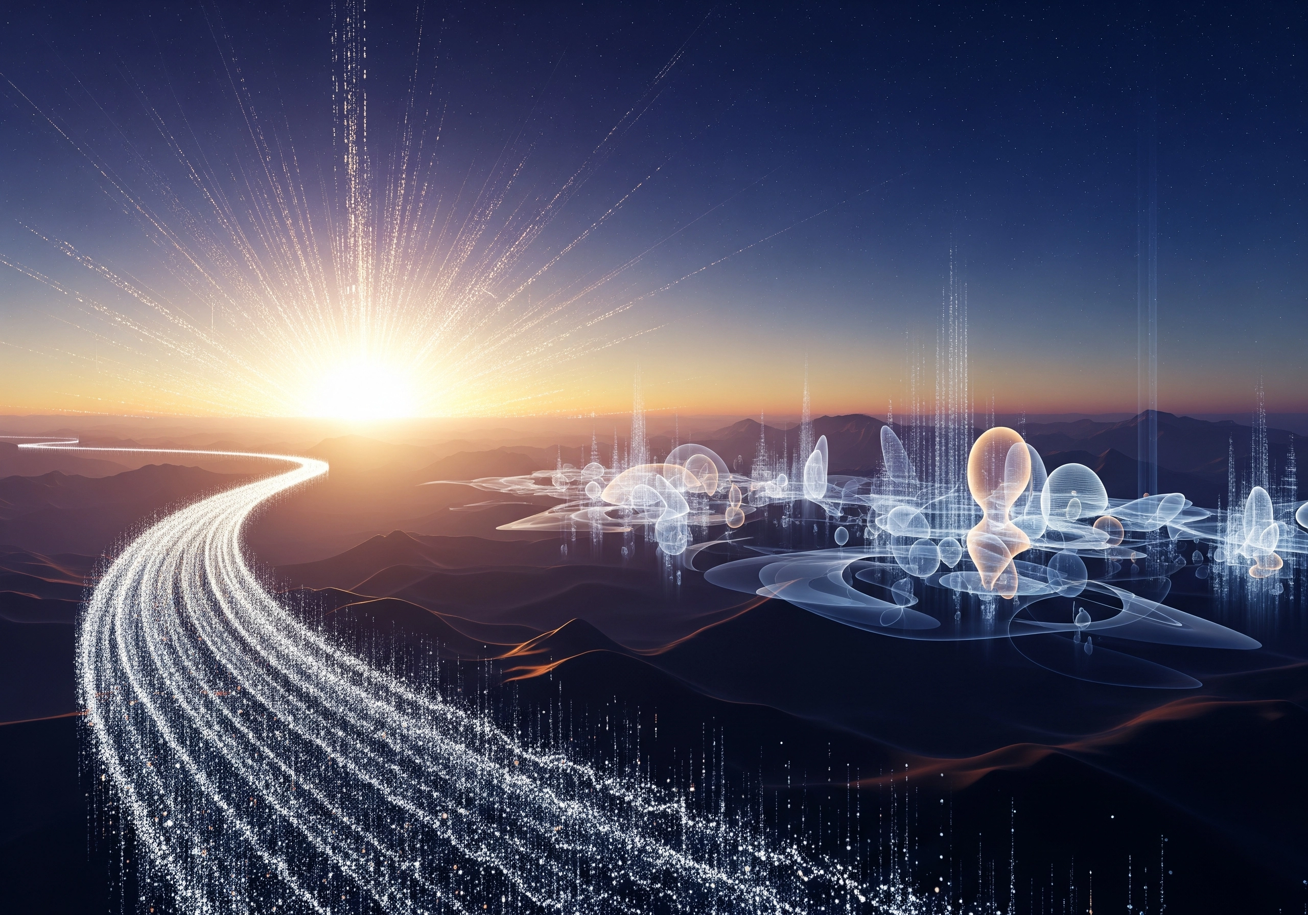 Abstract digital landscape with glowing data streams and futuristic structures.