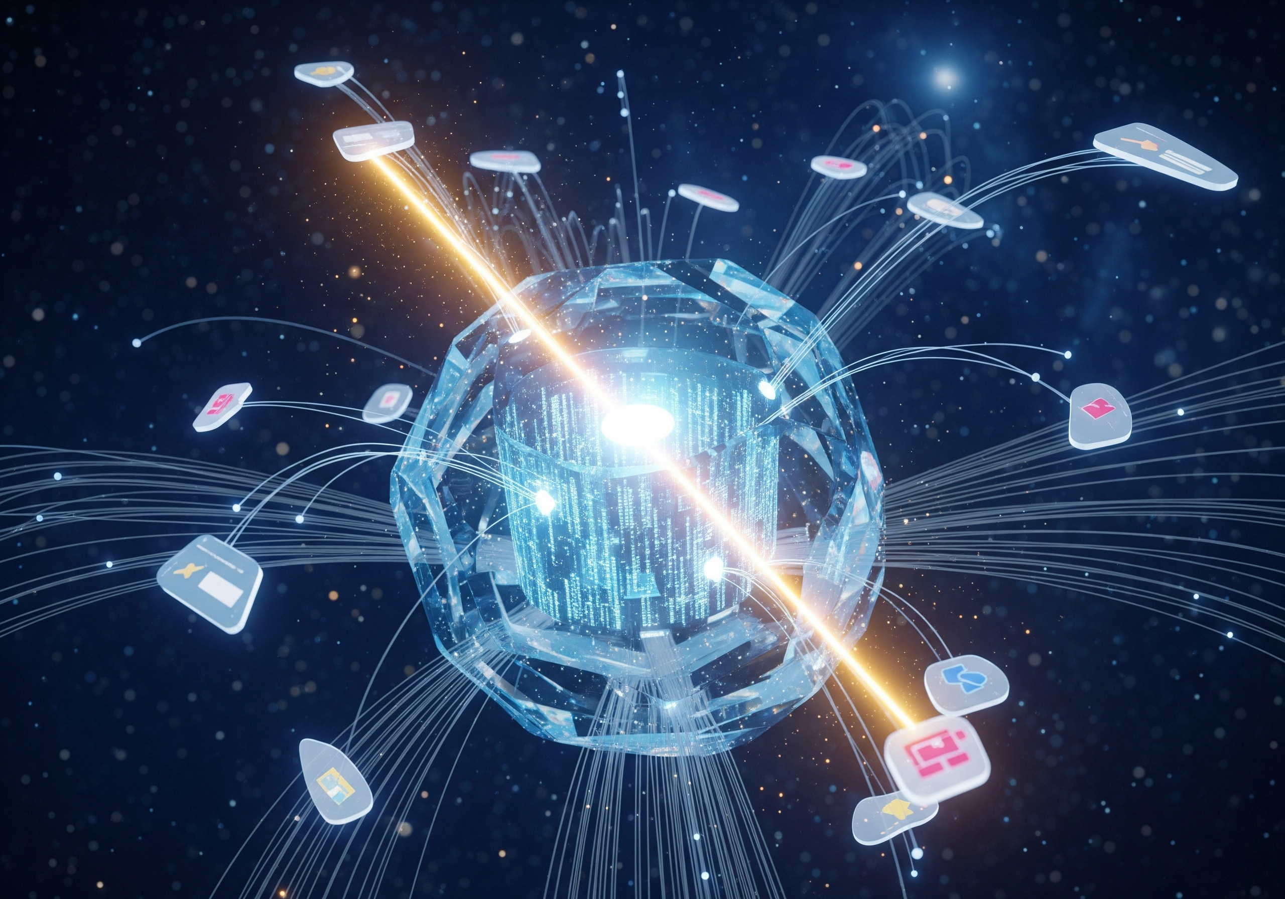 Abstract digital sphere with glowing icons, representing interconnected data and AI content generation.