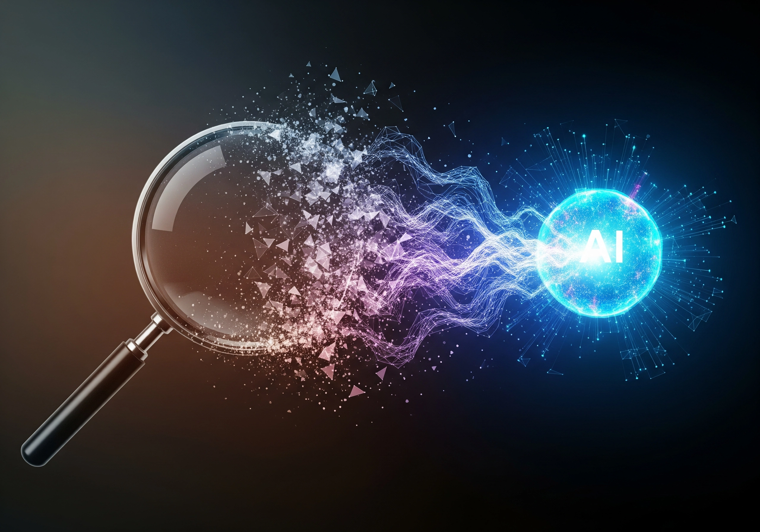 Magnifying glass revealing 'AI' in a glowing sphere, concept for AI SEO optimisation.