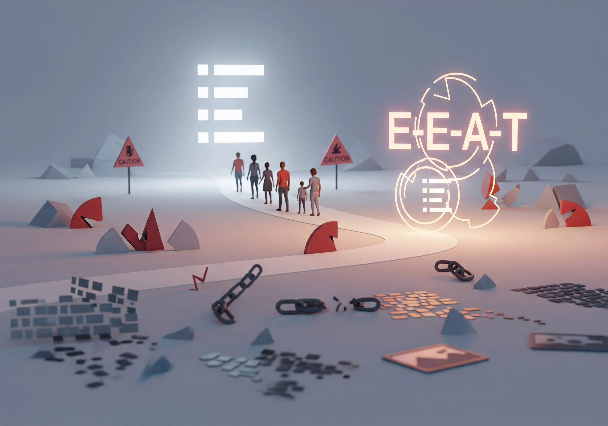People walking towards glowing E-E-A-T letters, symbolizing Expertise, Authoritativeness, Trustworthiness in AI SEO.