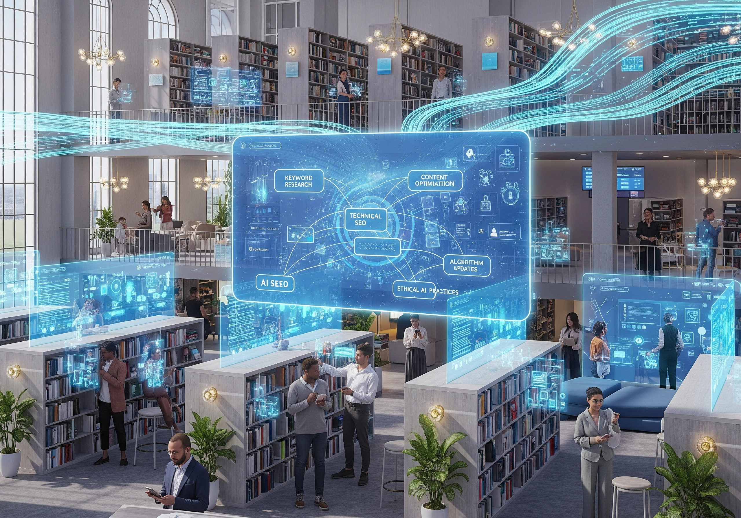 Library interior with digital overlays showing AI SEO, keyword research, content optimisation, and technical SEO.