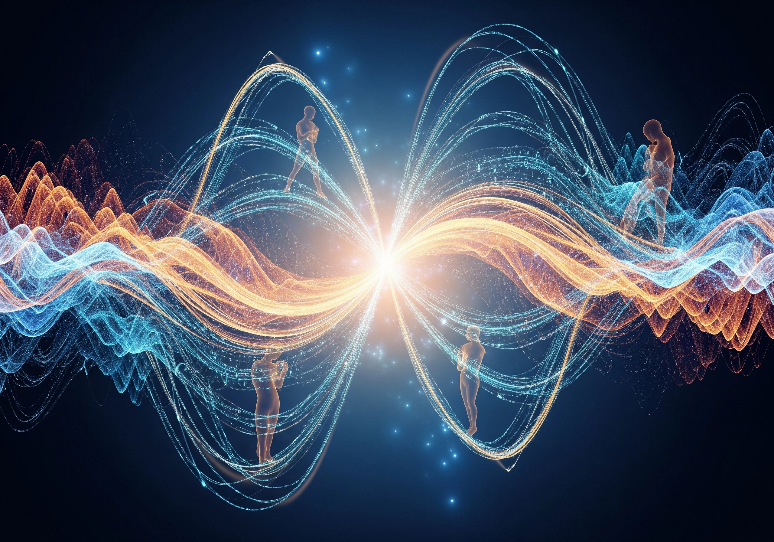 Abstract illustration of human figures intertwined with flowing energy waves.