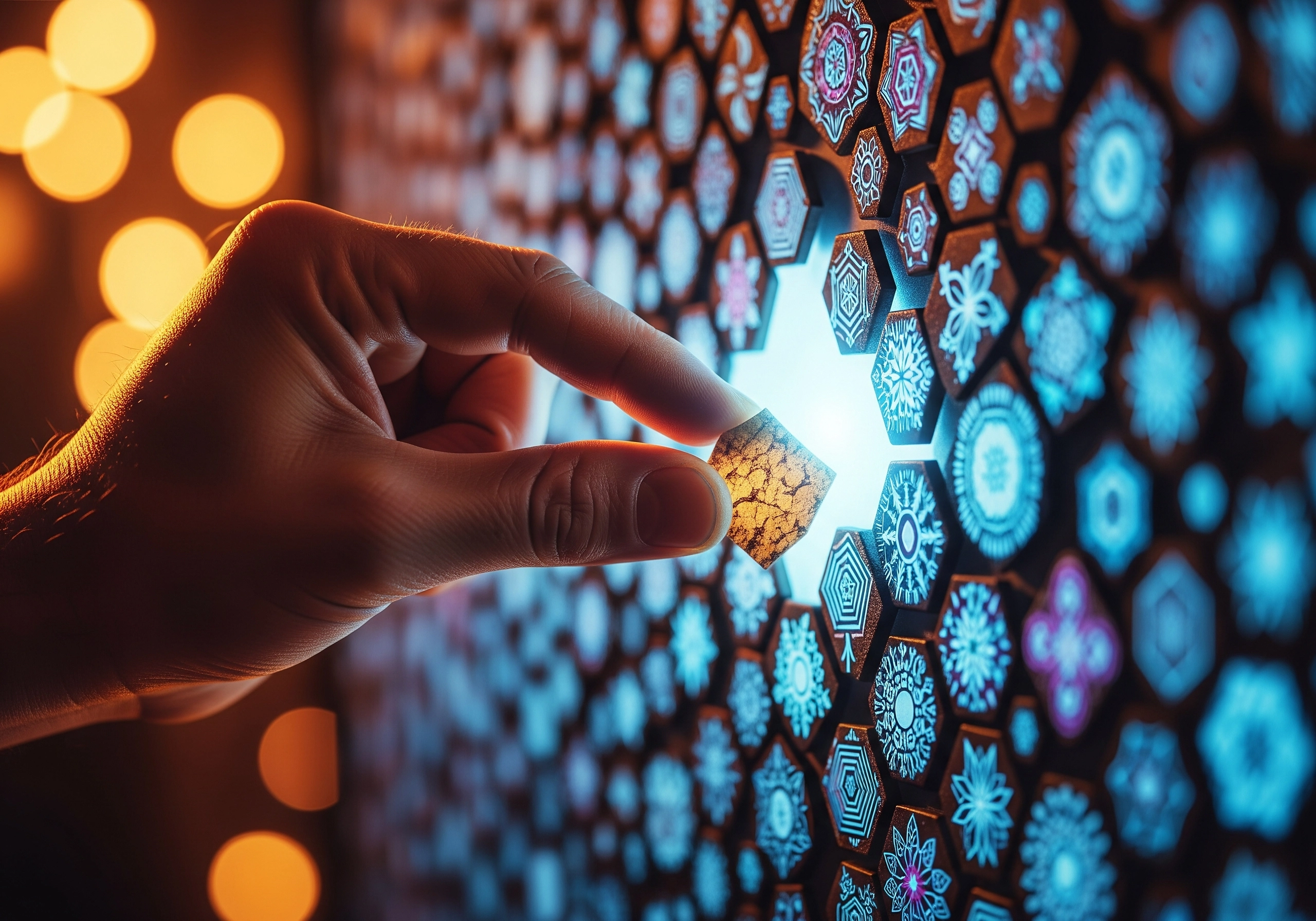 Hand placing hexagon tile on a mosaic of glowing, intricate designs.