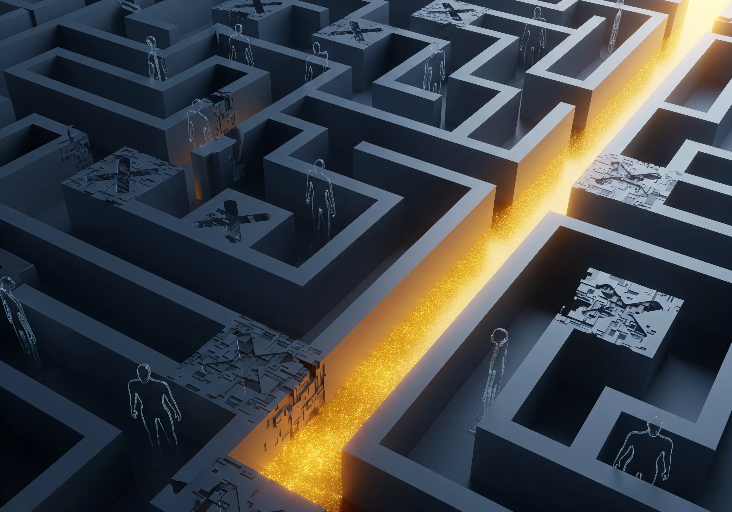 Abstract maze with human figures and a bright, illuminated path through the center.