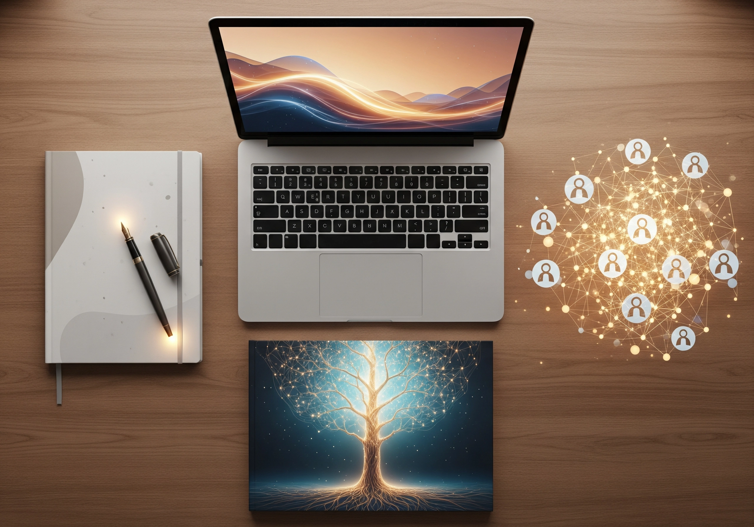 Laptop, notebook, and network graphic representing AI content writer and human connection.