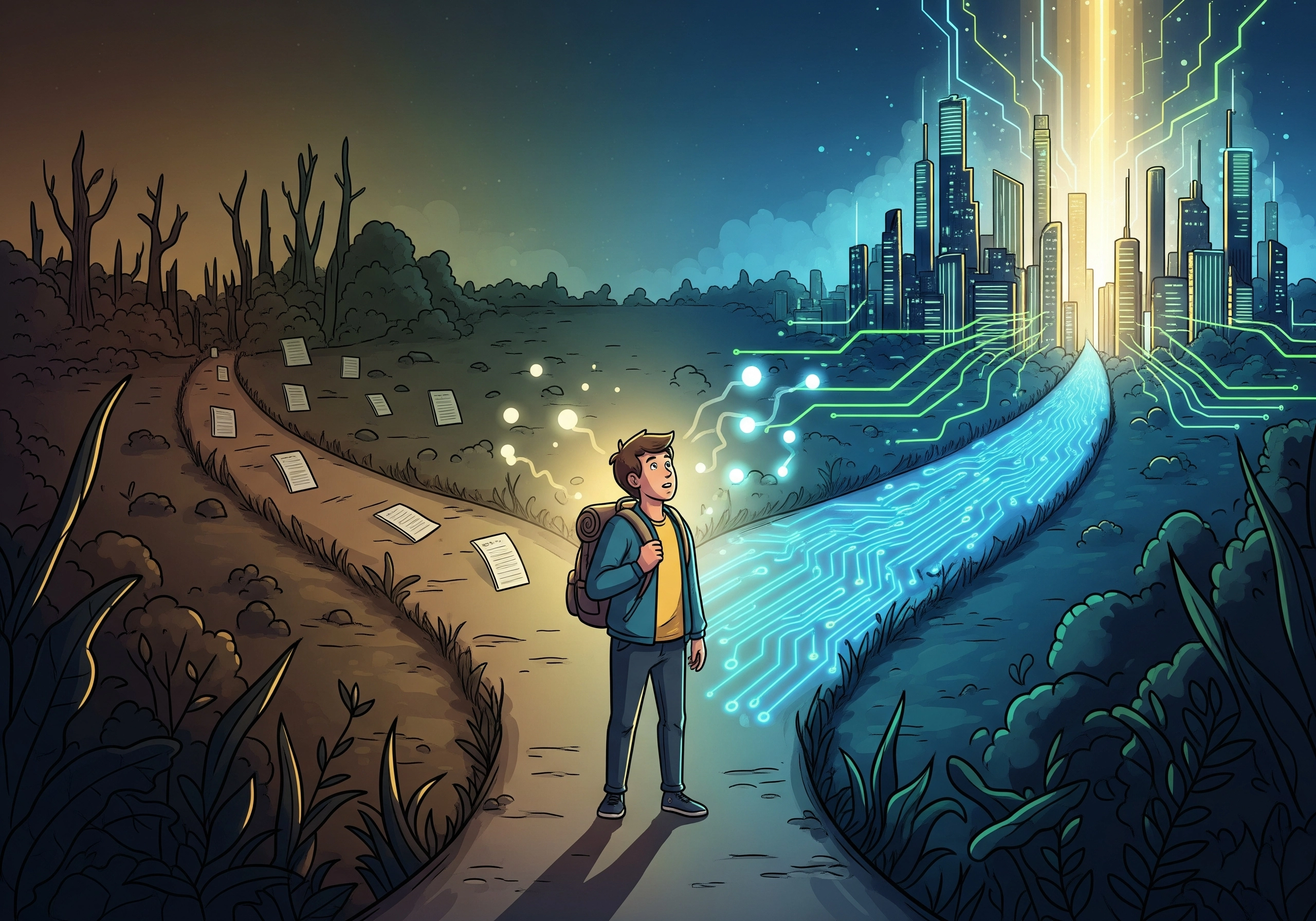 Illustration of person choosing between traditional and AI-powered content generation path.