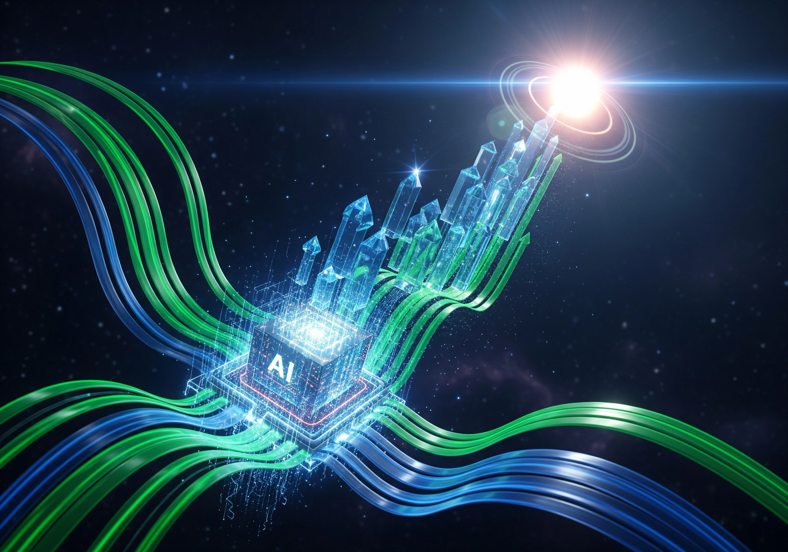 AI microchip with glowing data streams, concept for AI SEO and content generation.