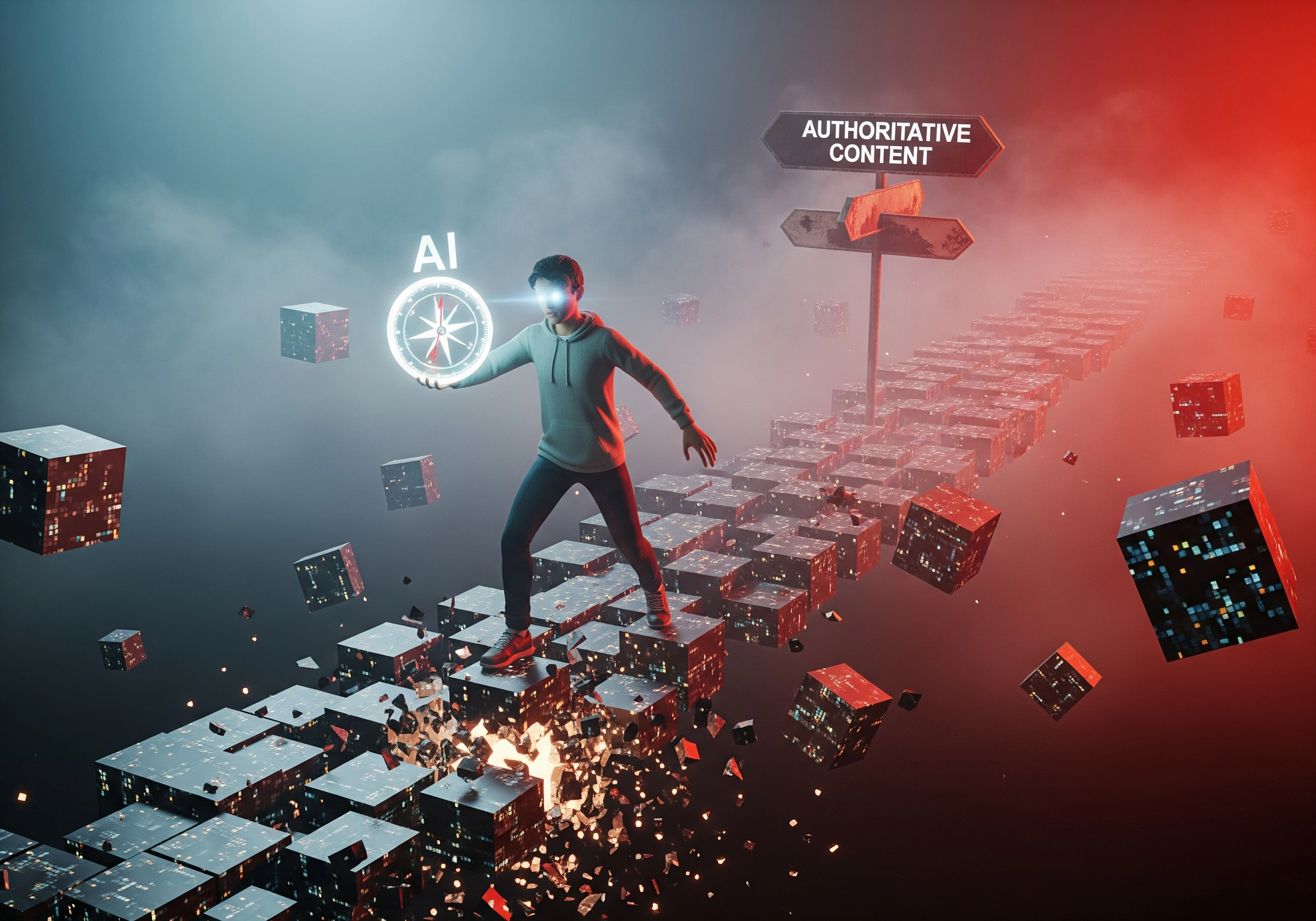 Person holding AI compass on path to authoritative content, representing AI SEO optimisation.