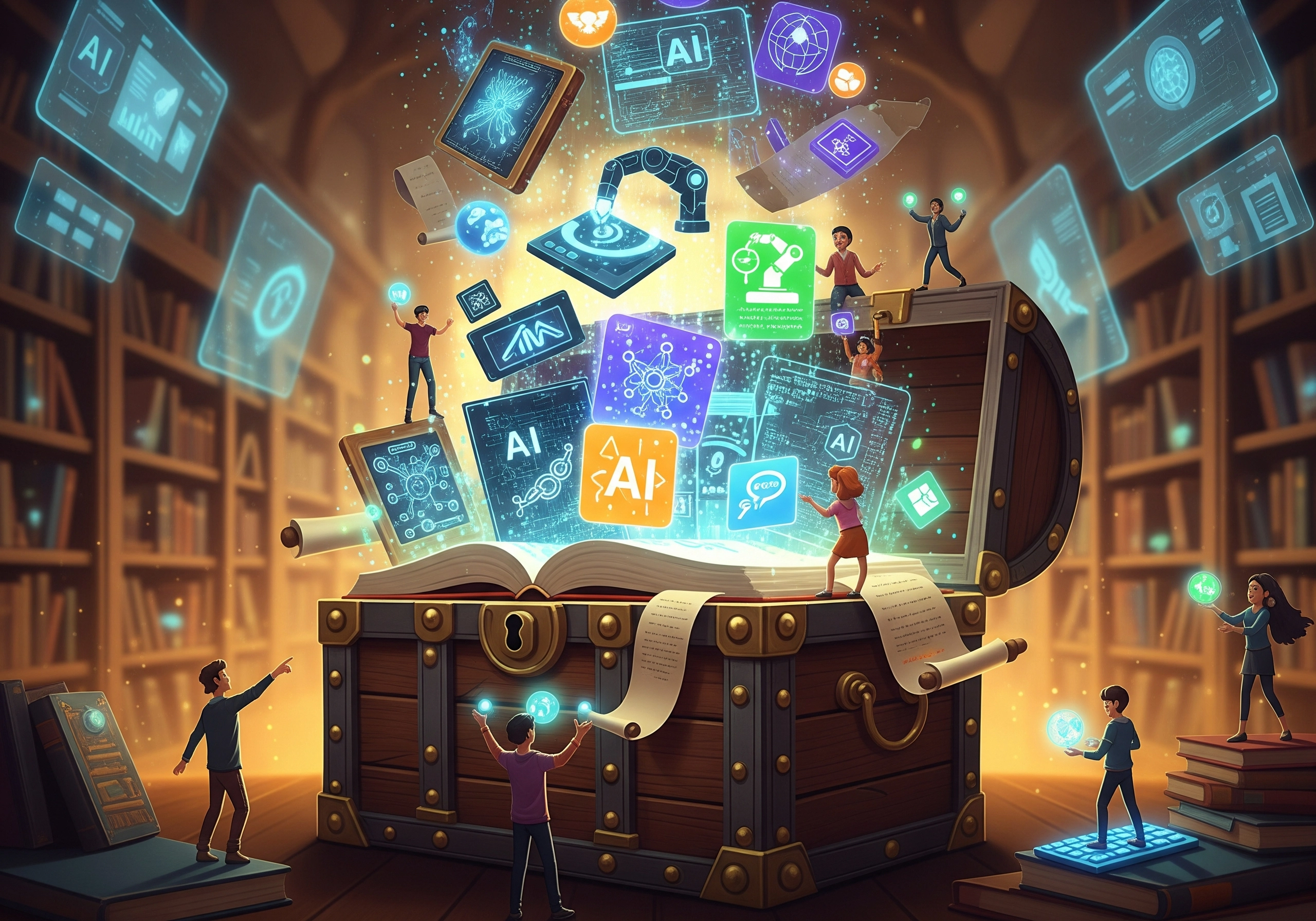 Open treasure chest emitting AI content generation, ideal for boosting search rankings.