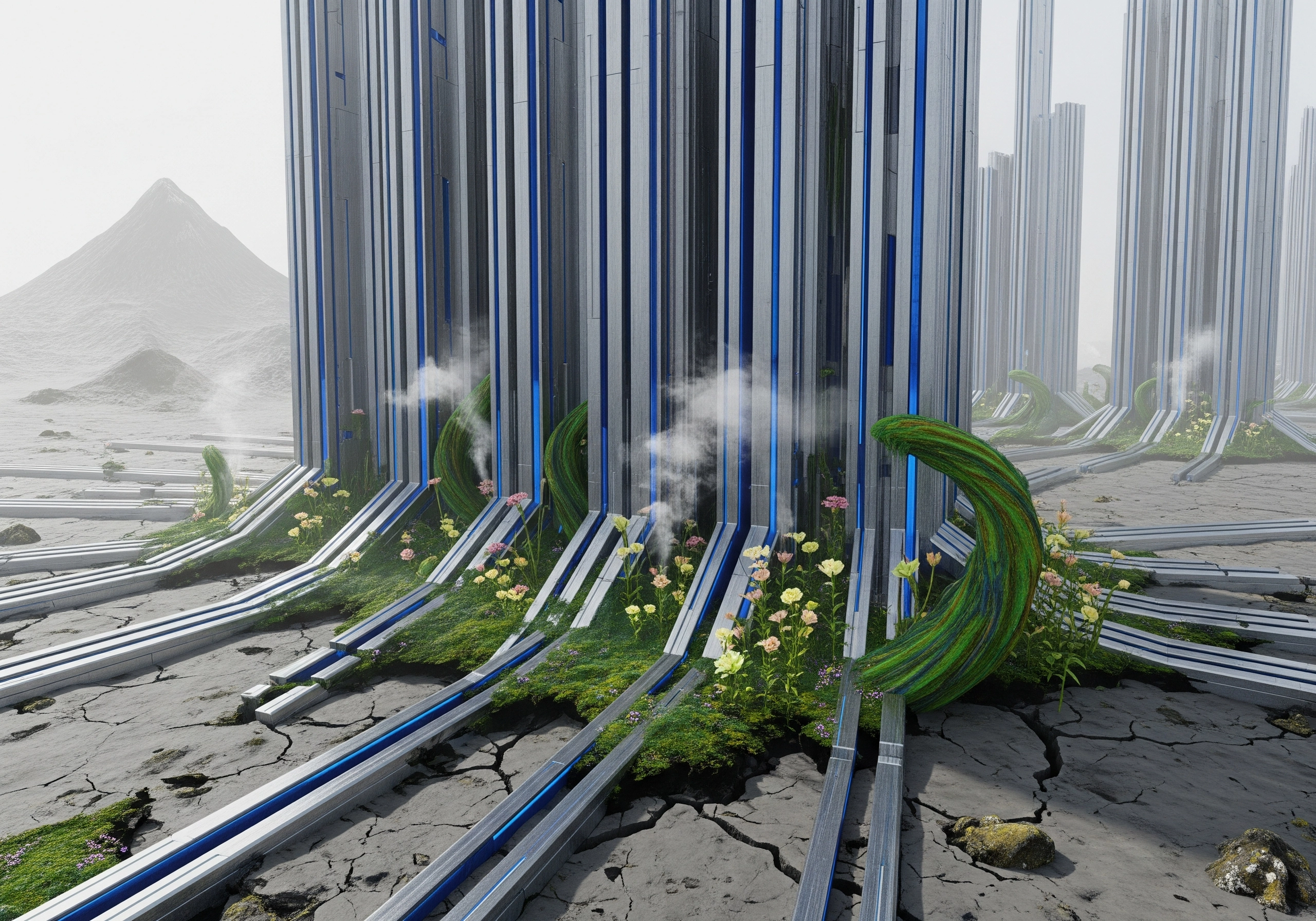 Futuristic landscape with metallic structures, vegetation, and mountain backdrop.