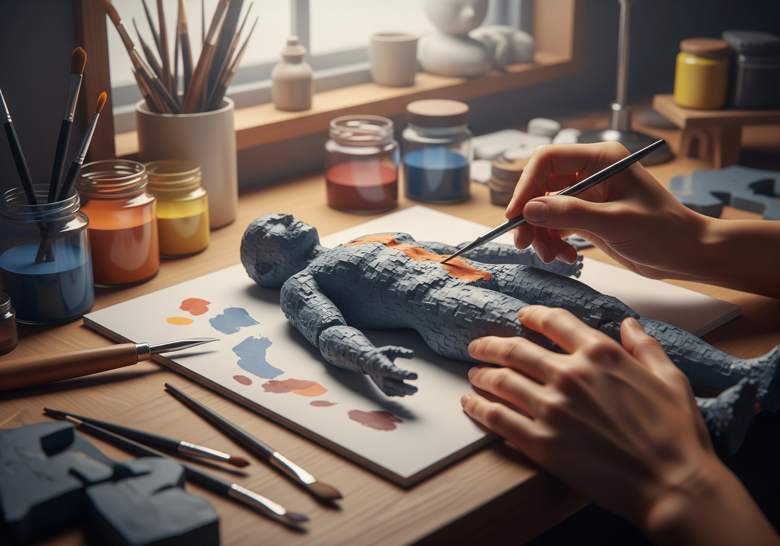 Artist painting a human figure, representing the need to humanize AI content.