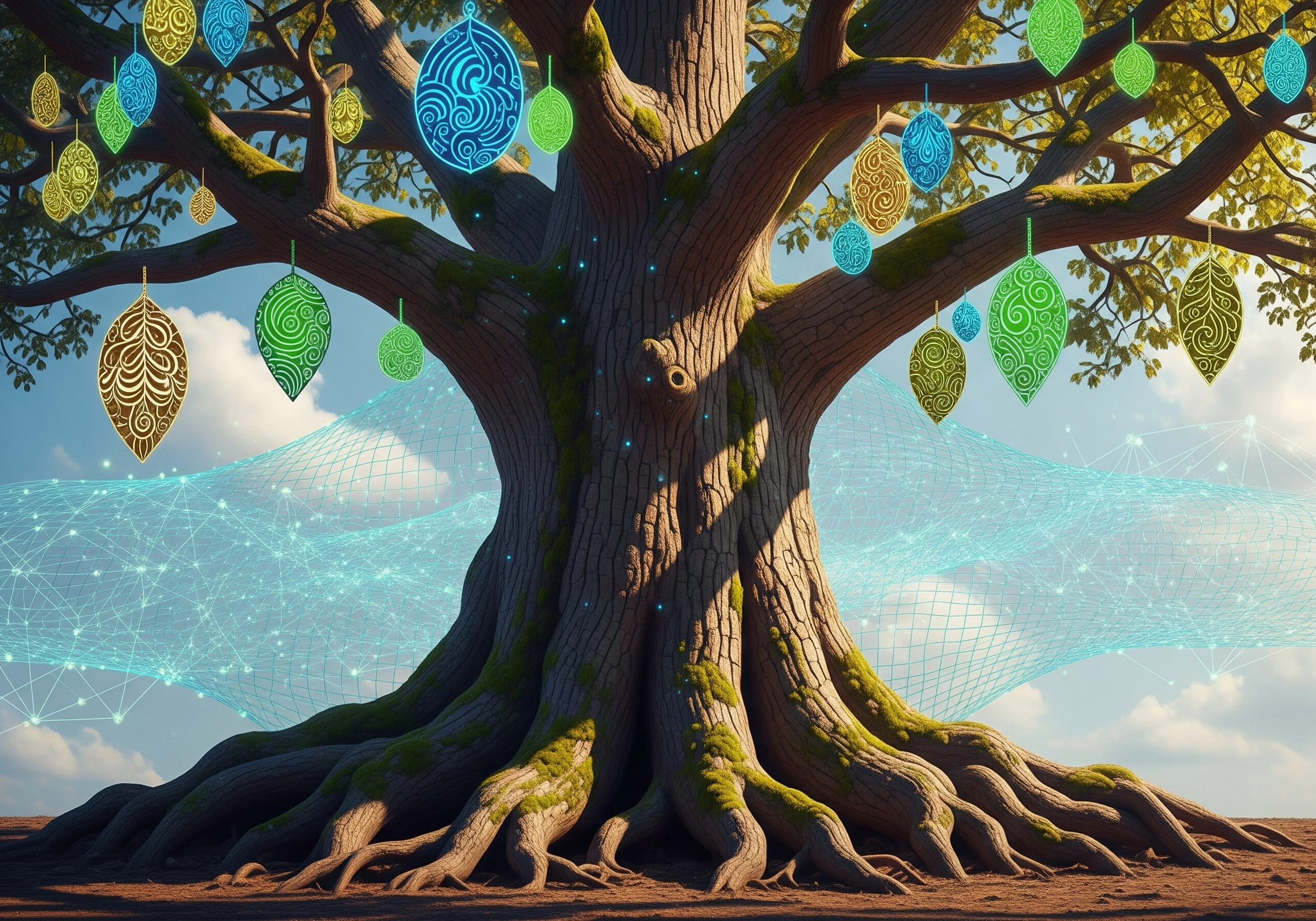 Ornate tree with glowing, decorative leaf ornaments and a digital network.