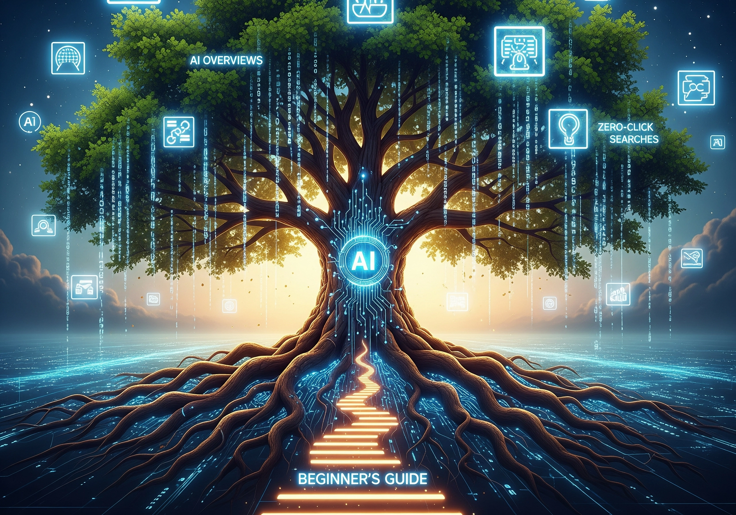 AI tree with glowing roots and digital icons, representing a beginner's guide to AI SEO.