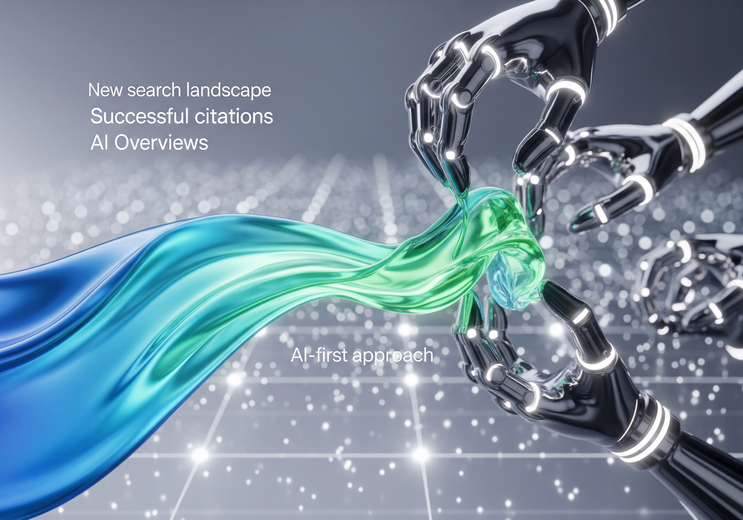 Robotic hands manipulating a green and blue flowing cloth, representing AI's influence on SEO.