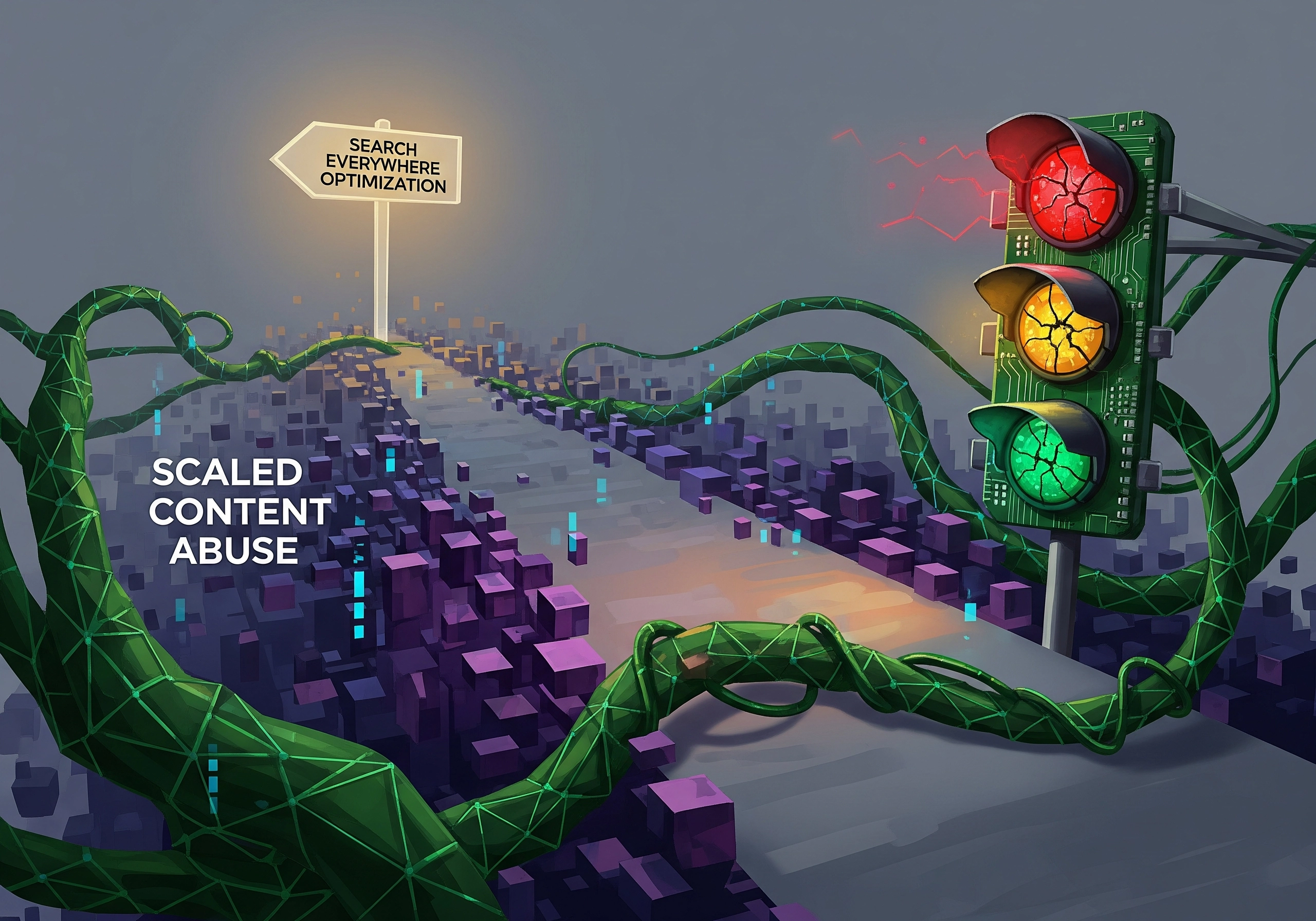 Illustration of a road to 'Search Everywhere Optimization' with a traffic light representing SEO issues.