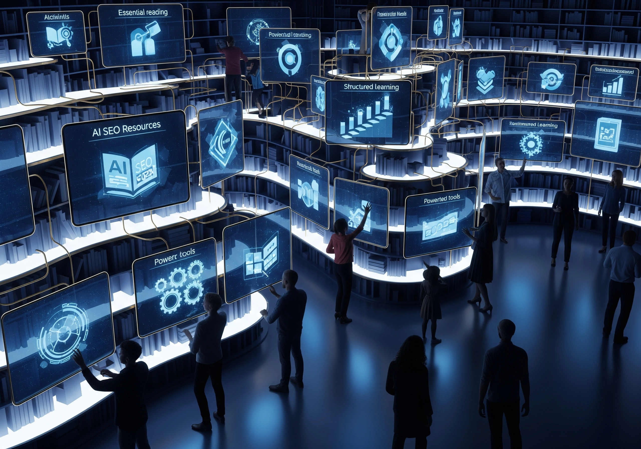 AI SEO resources depicted as floating screens in a library, showing essential readings and powerful tools.