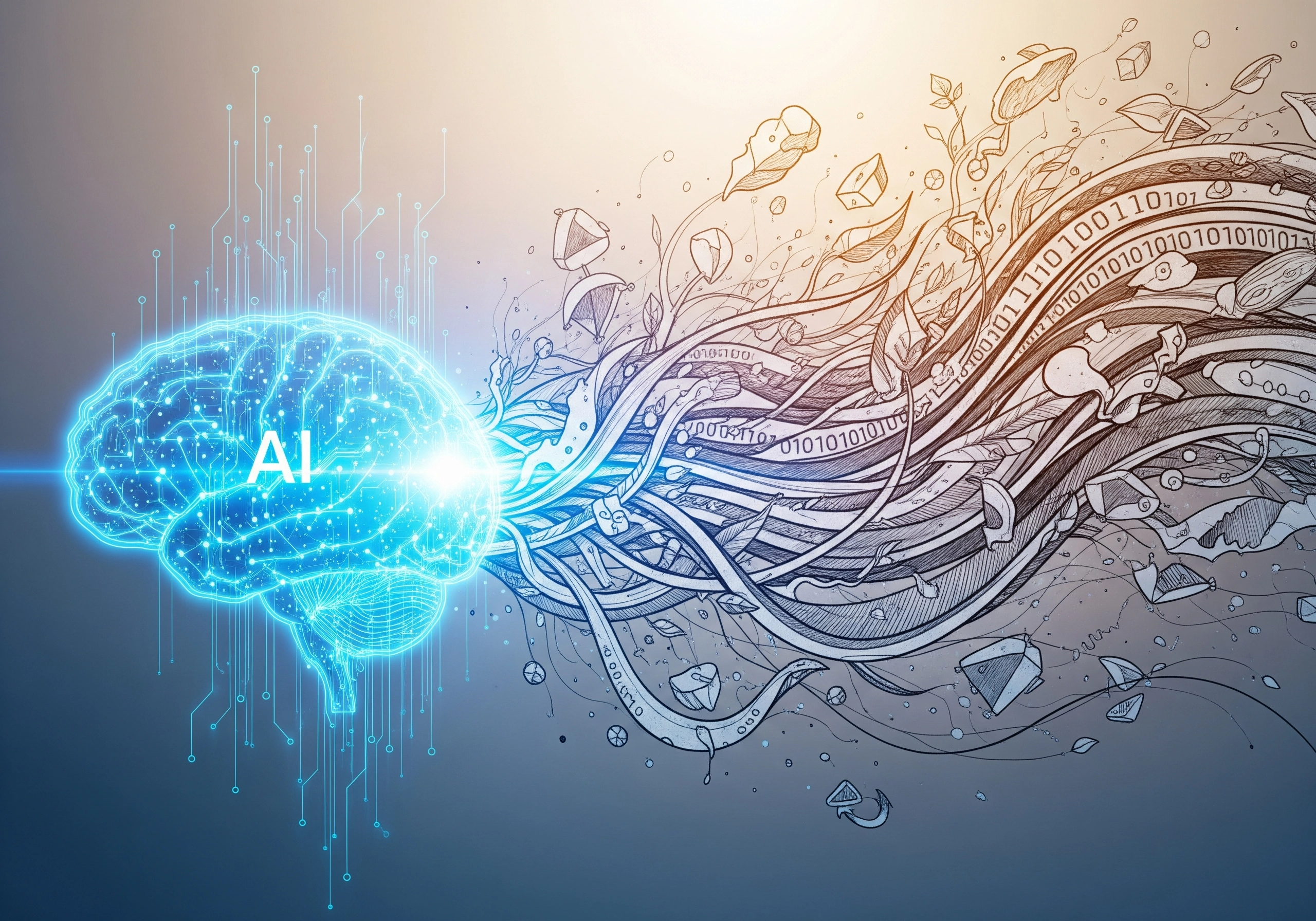 AI brain transforming into natural elements, illustrating the humanization of AI content.