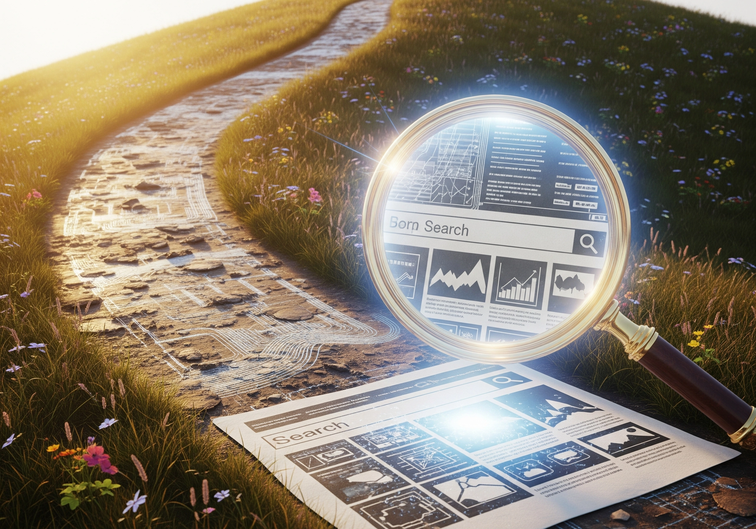 Magnifying glass over SEO search results, representing an SEO friendly blog generator.