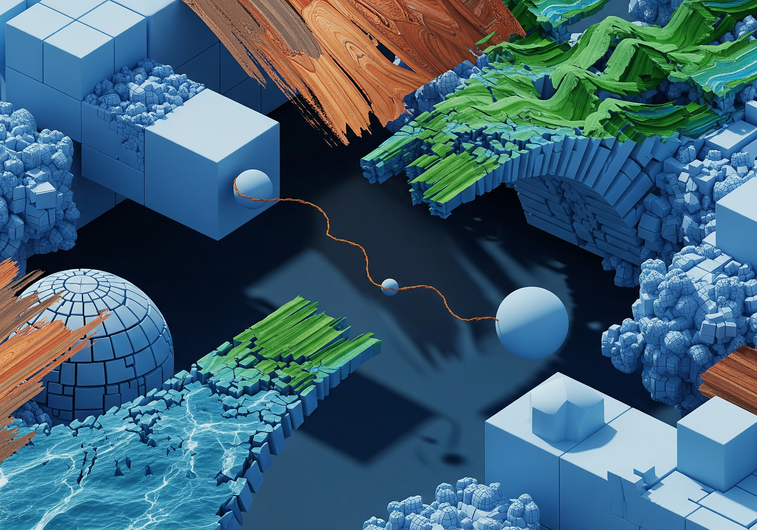 Abstract 3D art with blue cubes, spheres, and textured surfaces in green, brown, and white.